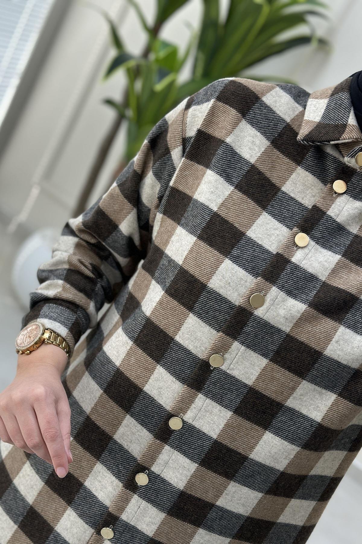 Tesettür Tunik GömlekÖnü Düğmeli Ekose Desen Kadın Örme Tunik Kahverengi ALS 5248