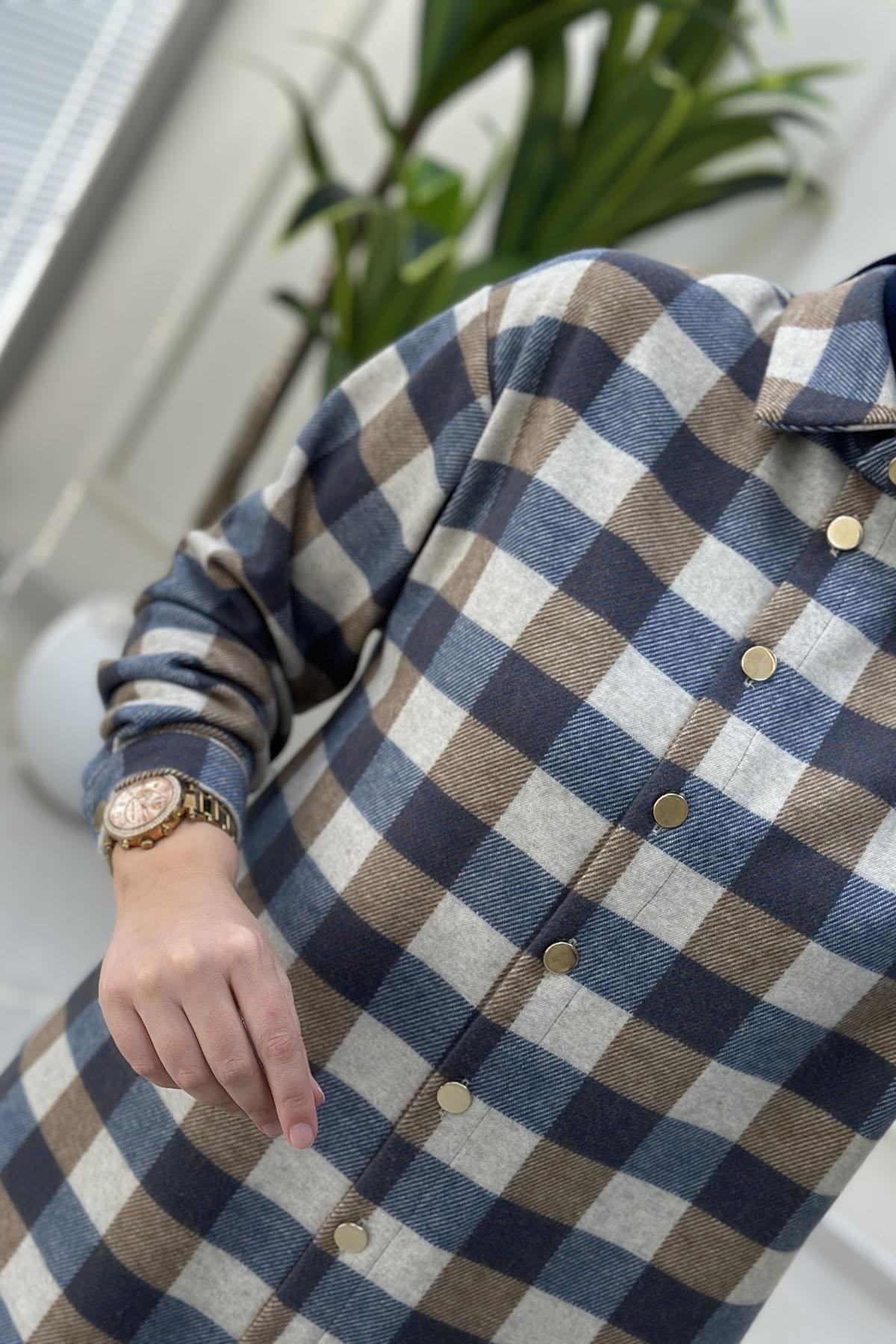 Tesettür Tunik GömlekÖnü Düğmeli Ekose Desen Kadın Örme Tunik İndigo ALS 5248