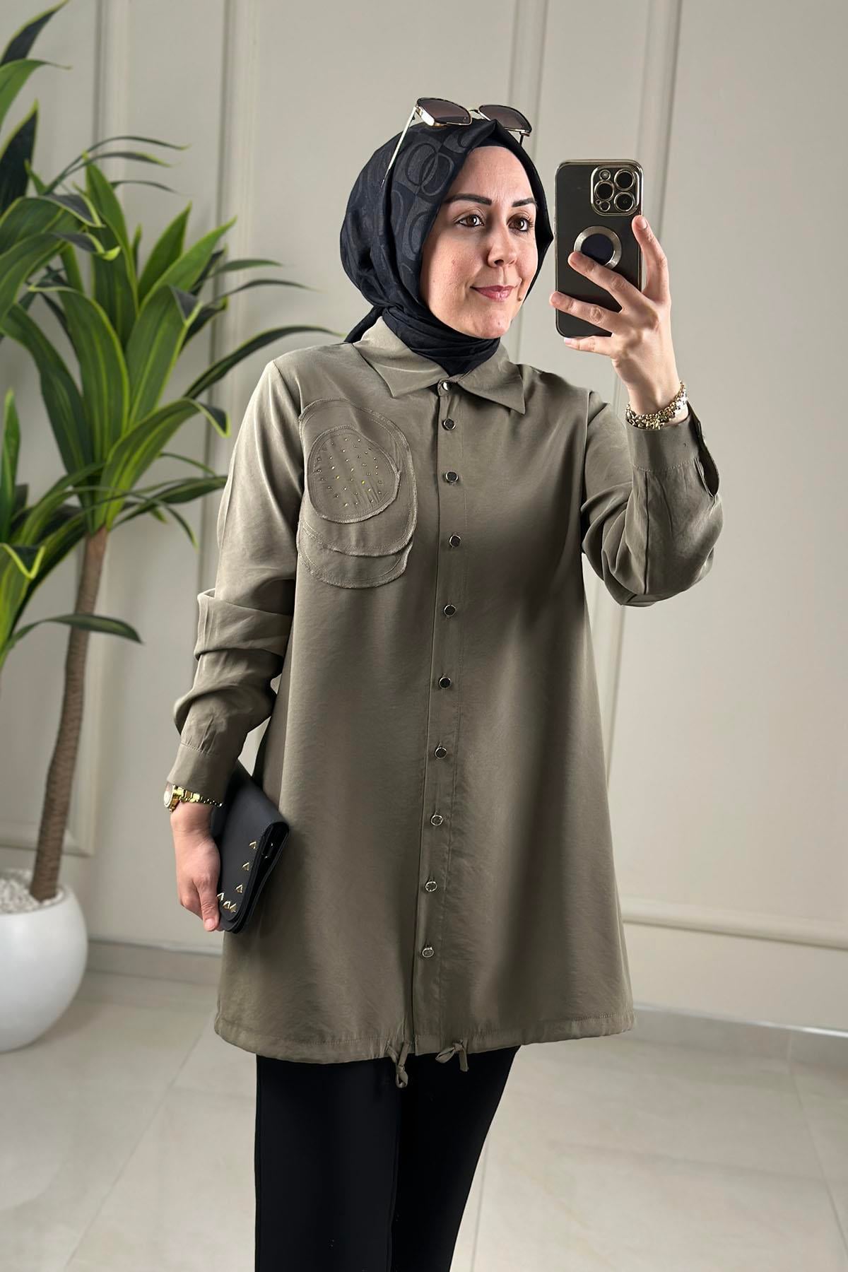 Tesettür Tunik GömlekÖnü Düğmeli Etek Ucu Büzgülü Kadın Giyçık Tunik Haki KADO 263476
