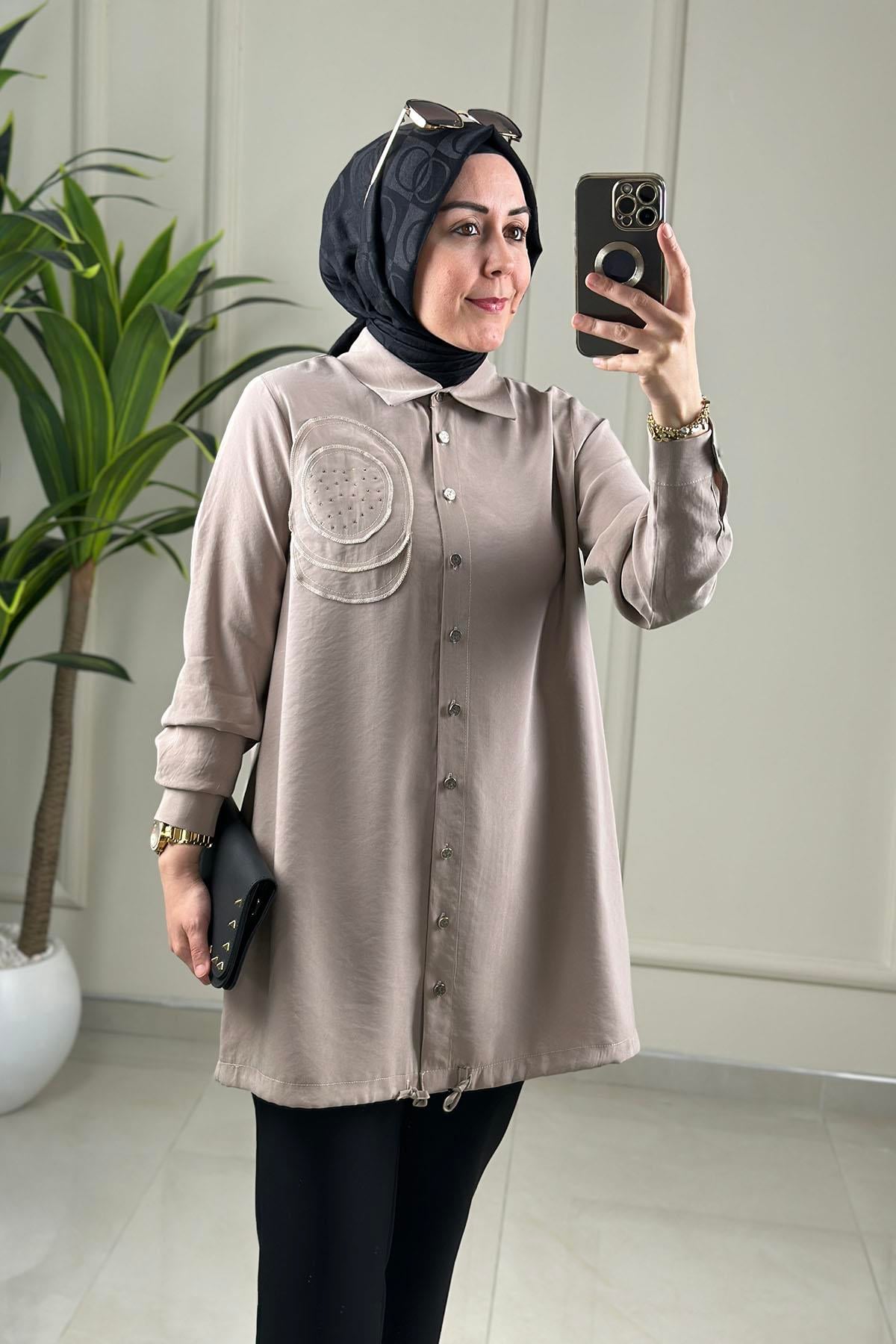 Tesettür Tunik GömlekÖnü Düğmeli Etek Ucu Büzgülü Kadın Giyçık Tunik Taş KADO 263476
