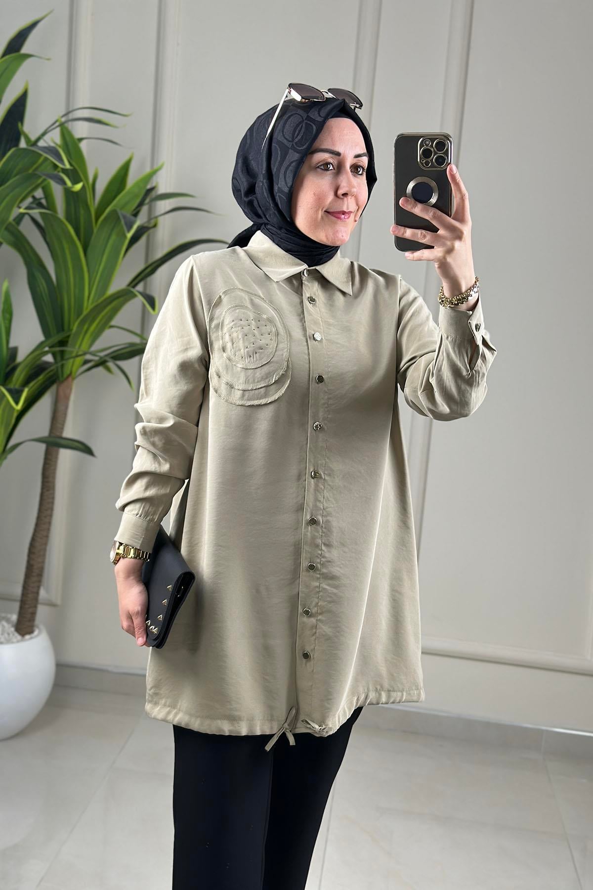 Tesettür Tunik GömlekÖnü Düğmeli Etek Ucu Büzgülü Kadın Giyçık Tunik Açık Yeşil KADO 263476