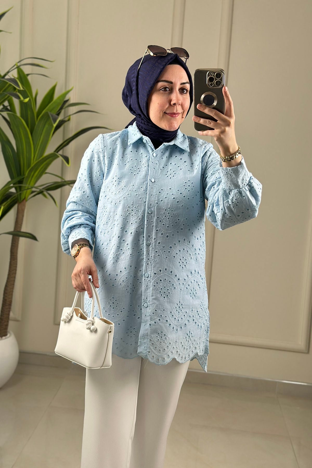 Tesettür Tunik GömlekÖnü Düğmeli Fisto Kadın Tunik Bebe Mavisi GNR 249