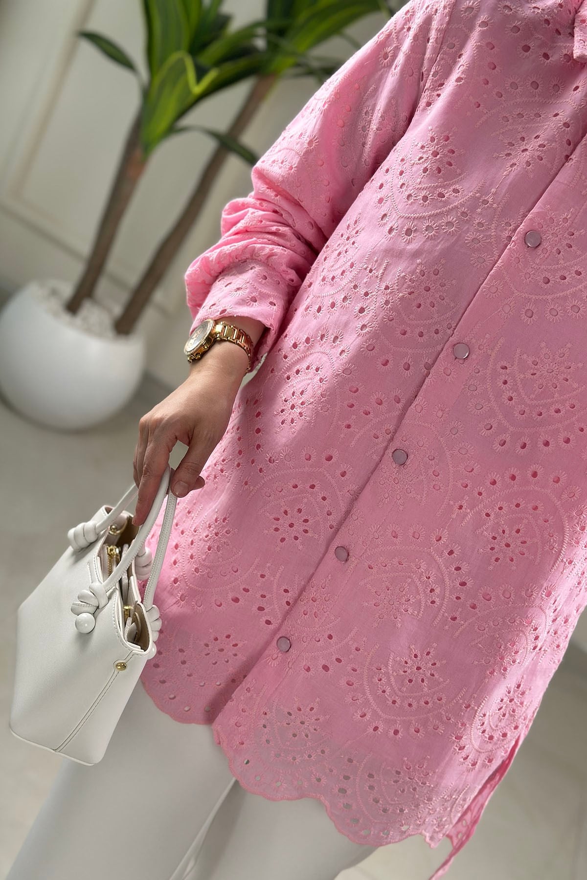 Tesettür Tunik GömlekÖnü Düğmeli Fisto Kadın Tunik Pembe GNR 249