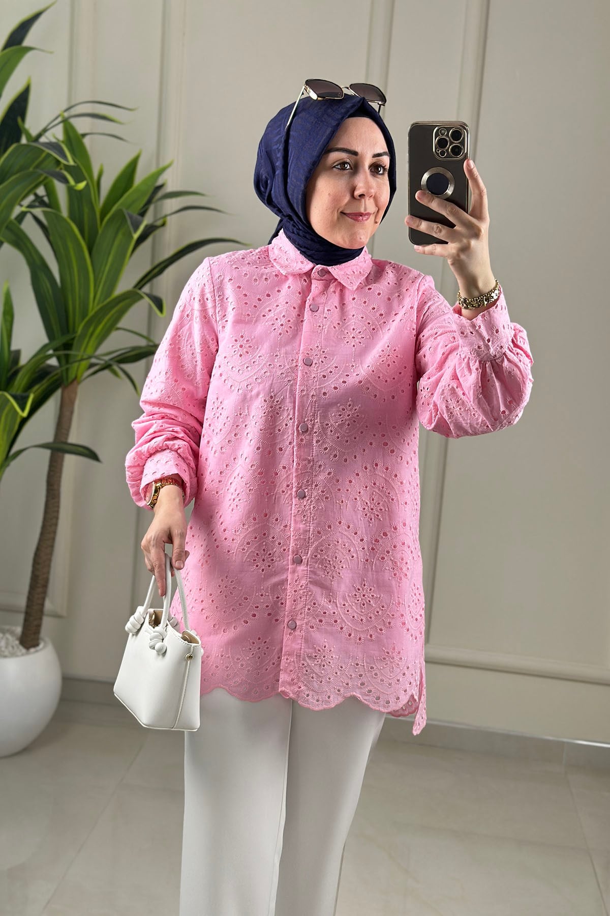 Tesettür Tunik GömlekÖnü Düğmeli Fisto Kadın Tunik Pembe GNR 249