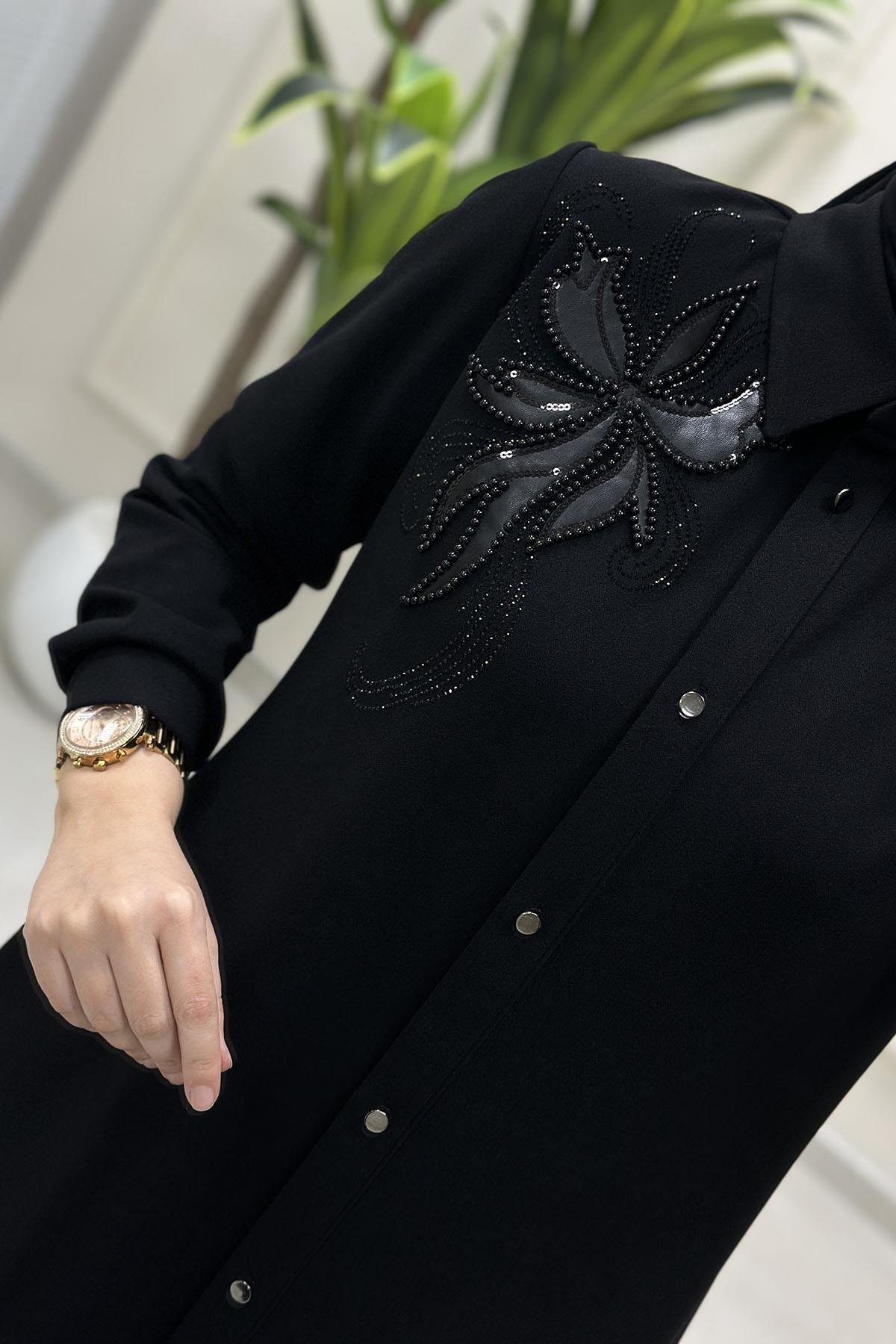 Tesettür Tunik GömlekÖnü Düğmeli İnci Nakış Detaylı Kadın Tunik Siyah CNR 2211