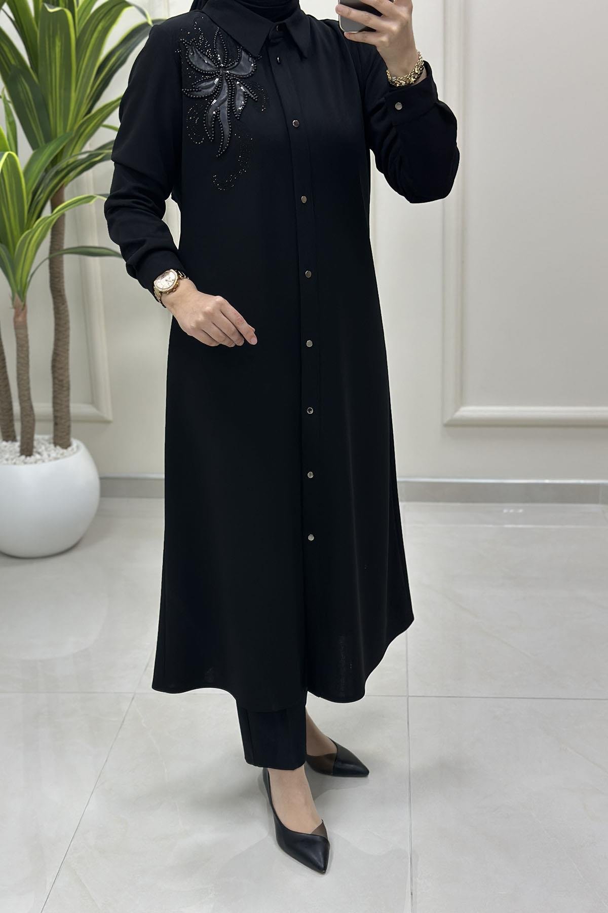 Tesettür Tunik GömlekÖnü Düğmeli İnci Nakış Detaylı Kadın Tunik Siyah CNR 2211