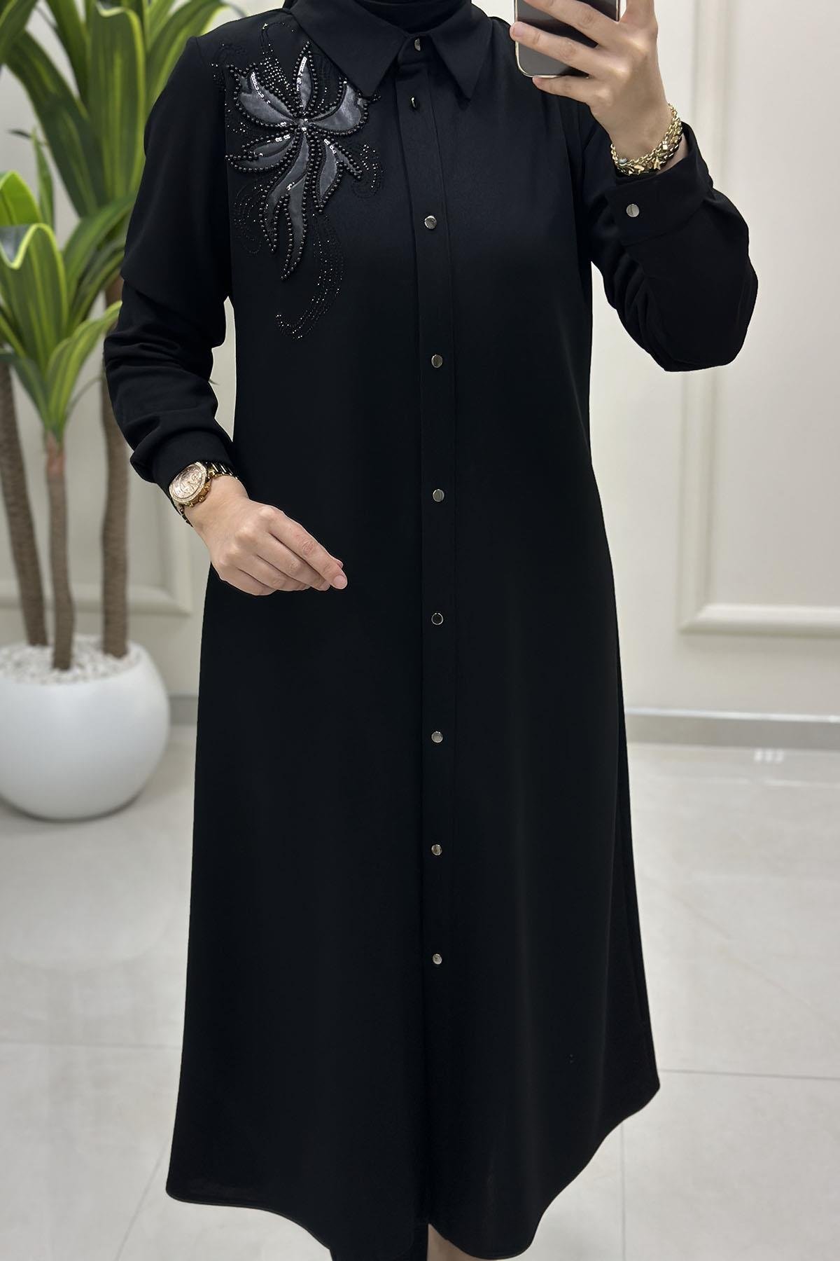 Tesettür Tunik GömlekÖnü Düğmeli İnci Nakış Detaylı Kadın Tunik Siyah CNR 2211