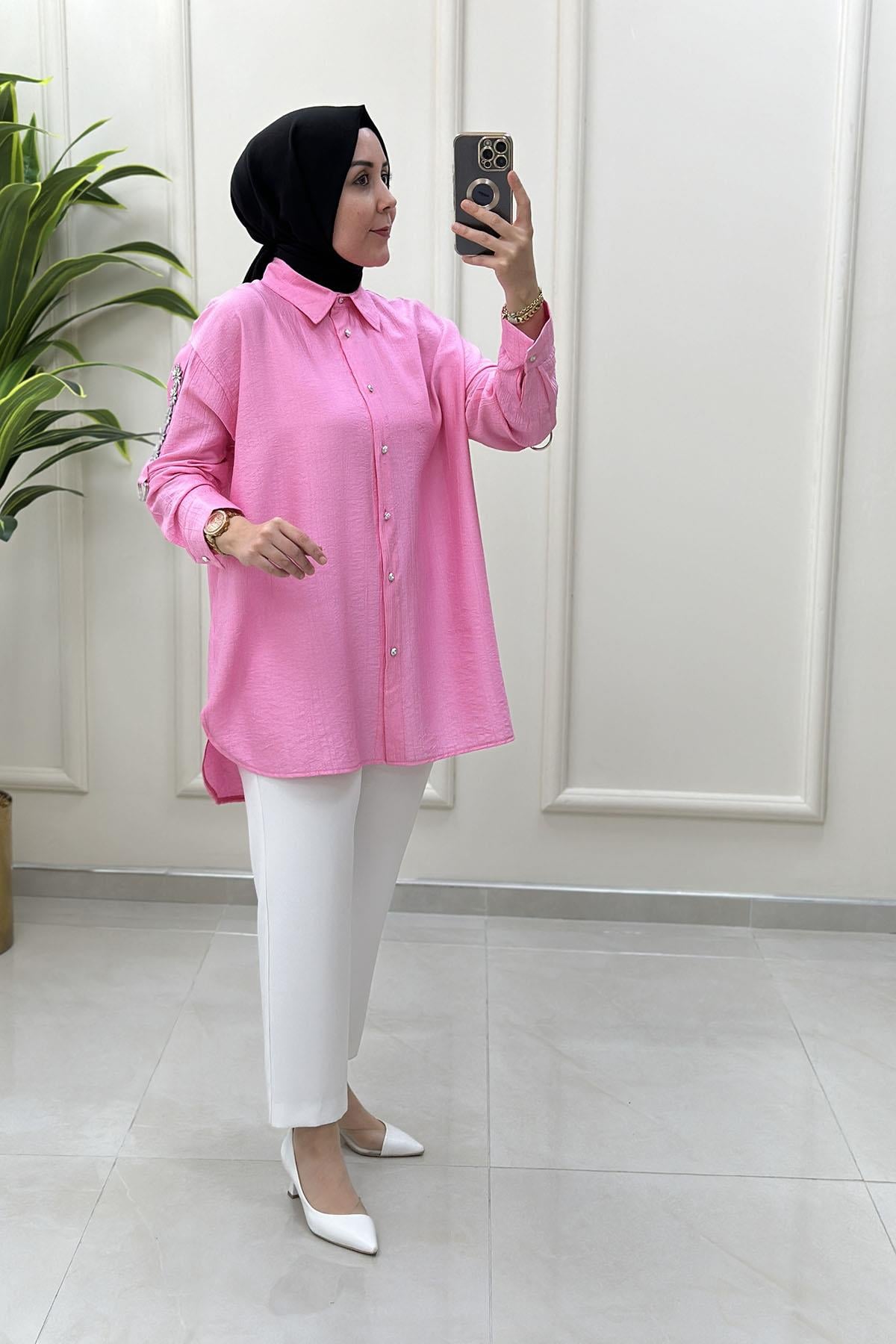 Tesettür Tunik GömlekÖnü Düğmeli Katlama Kol Taş Detaylı Kadın Tunik Pembe MSE 3221