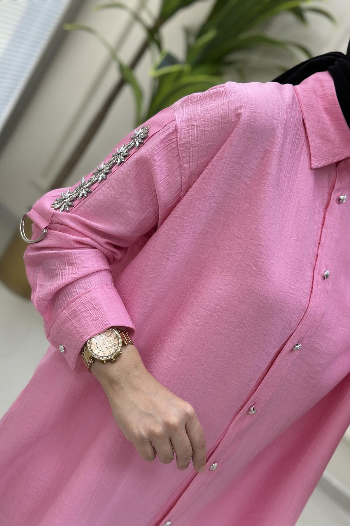 Tesettür Tunik GömlekÖnü Düğmeli Katlama Kol Taş Detaylı Kadın Tunik Pembe MSE 3221