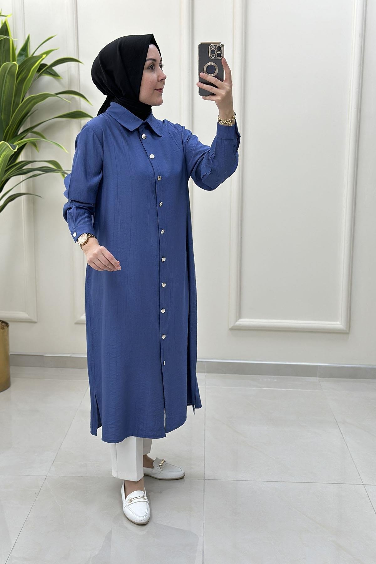 Tesettür Tunik GömlekÖnü Düğmeli Kol Manşetli Kadın Tunik İndigo KADO 251901