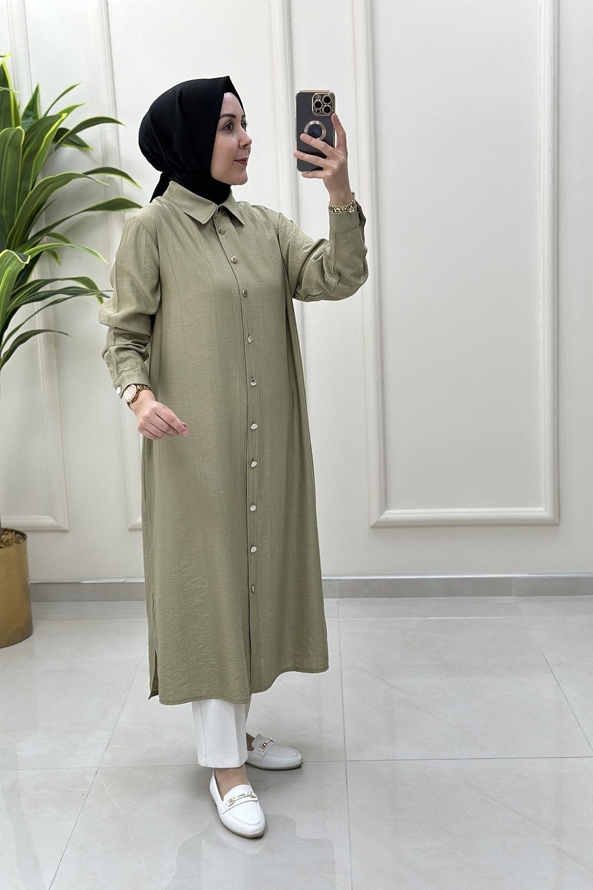 Tesettür Tunik GömlekÖnü Düğmeli Kol Manşetli Kadın Tunik Açık Haki KADO 251901