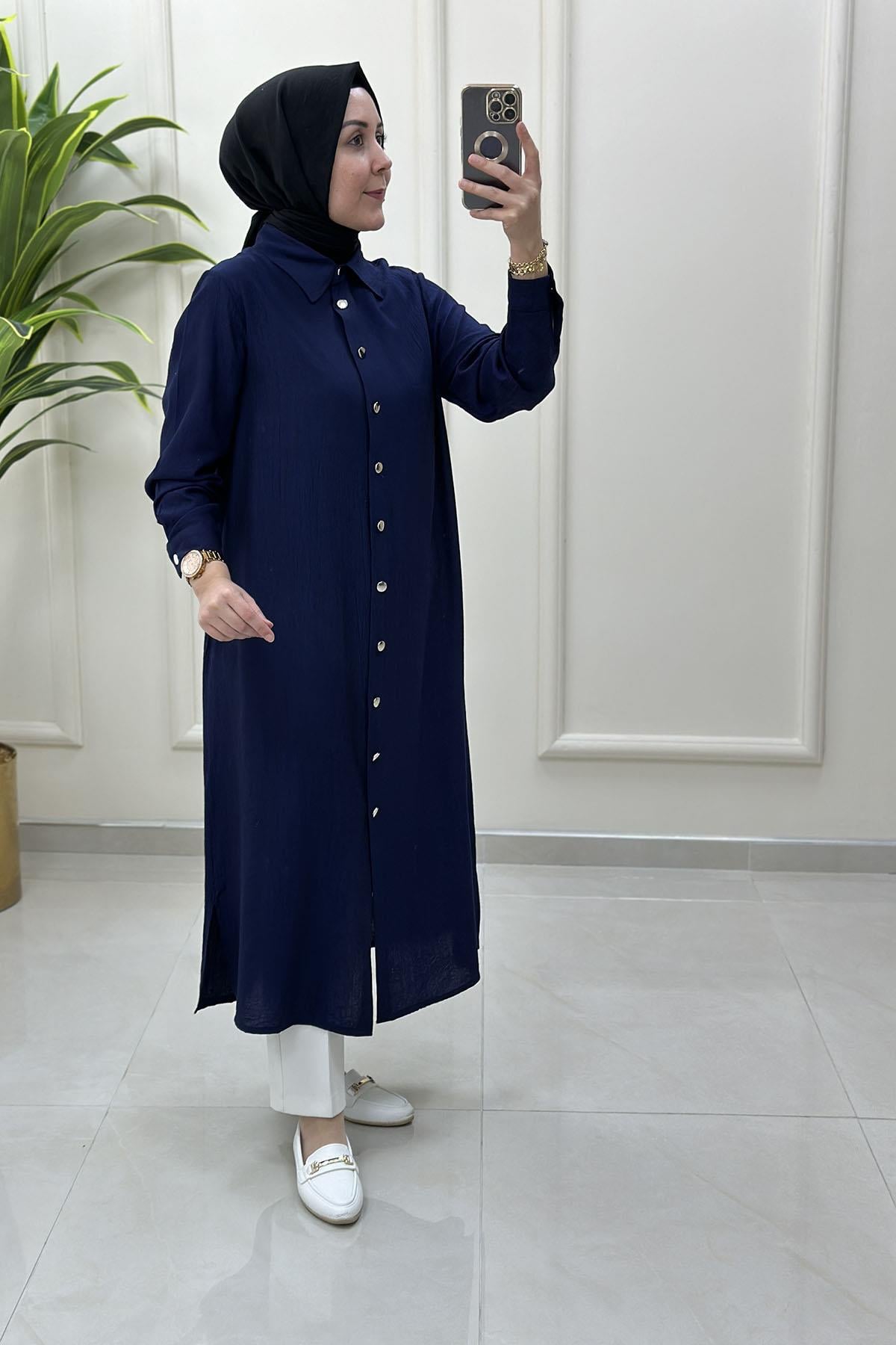 Tesettür Tunik GömlekÖnü Düğmeli Kol Manşetli Kadın Tunik Lacivert KADO 251901