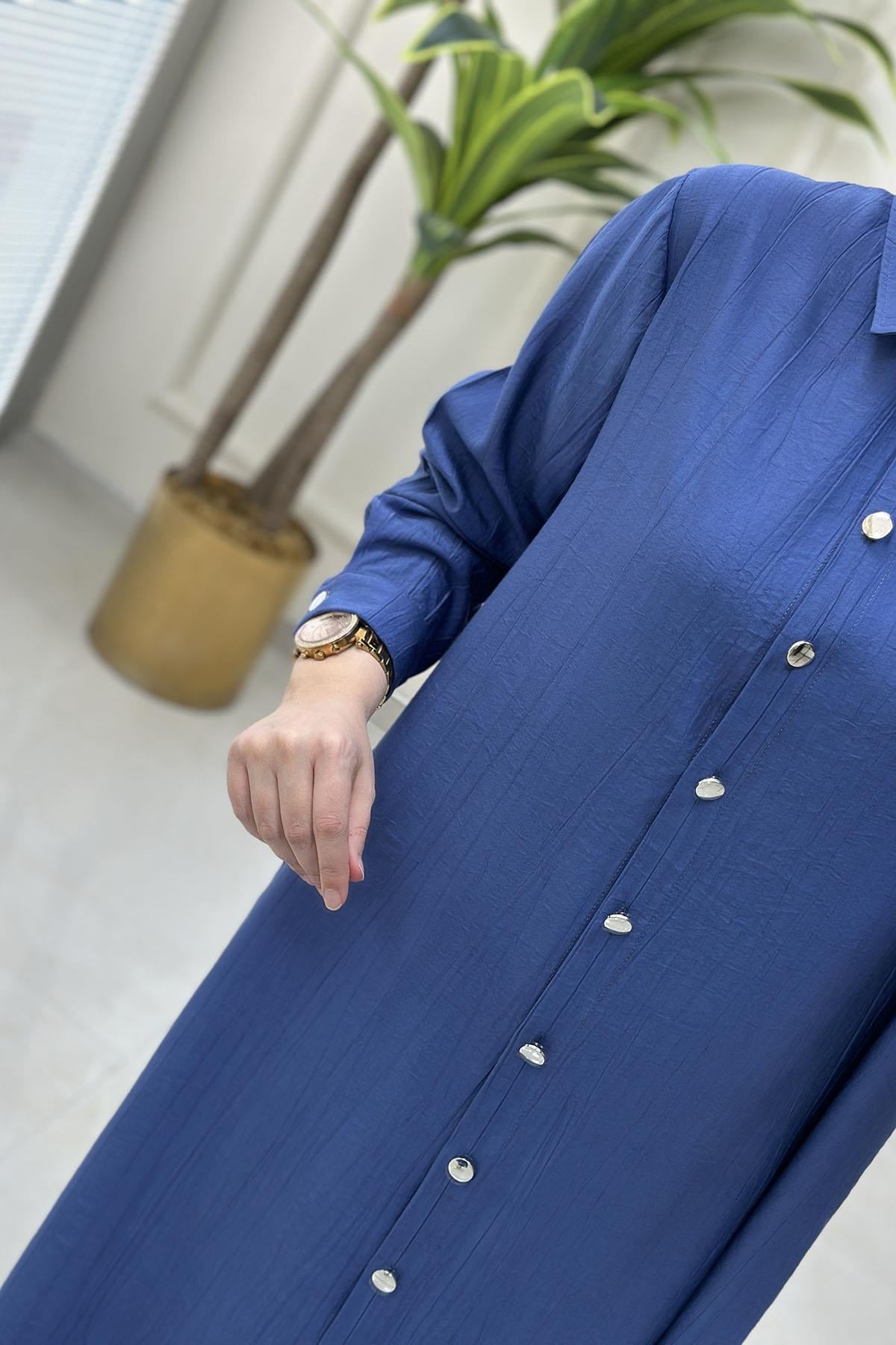 Tesettür Tunik GömlekÖnü Düğmeli Kol Manşetli Kadın Tunik İndigo KADO 251901