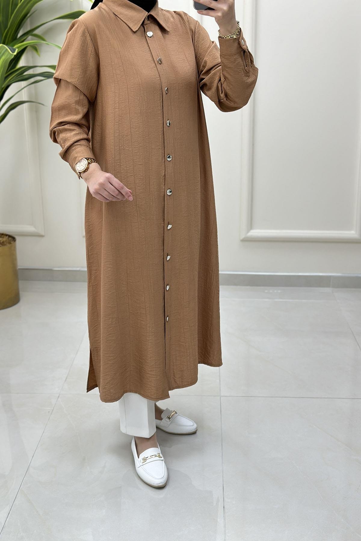 Tesettür Tunik GömlekÖnü Düğmeli Kol Manşetli Kadın Tunik Somon KADO 251901