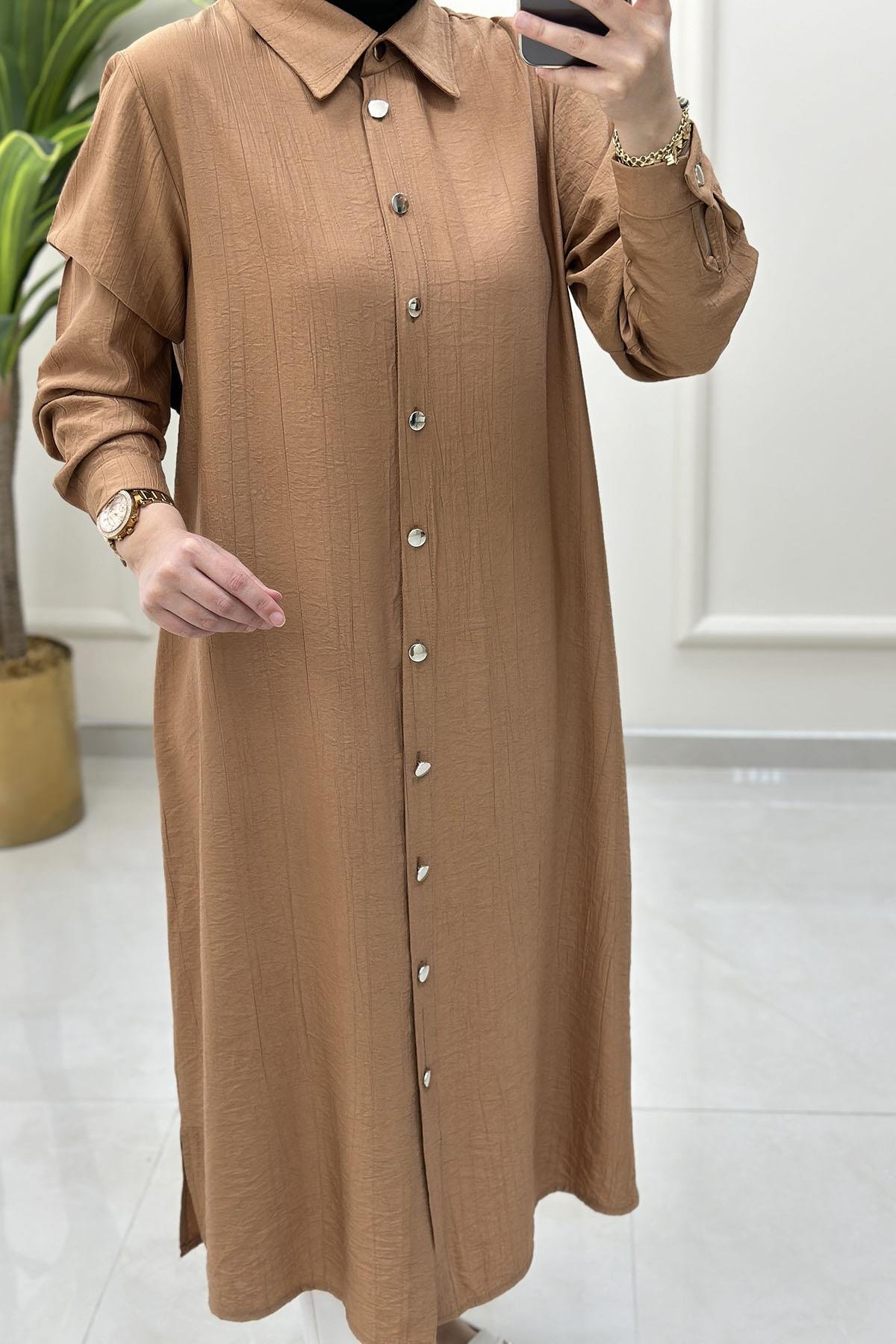 Tesettür Tunik GömlekÖnü Düğmeli Kol Manşetli Kadın Tunik Somon KADO 251901