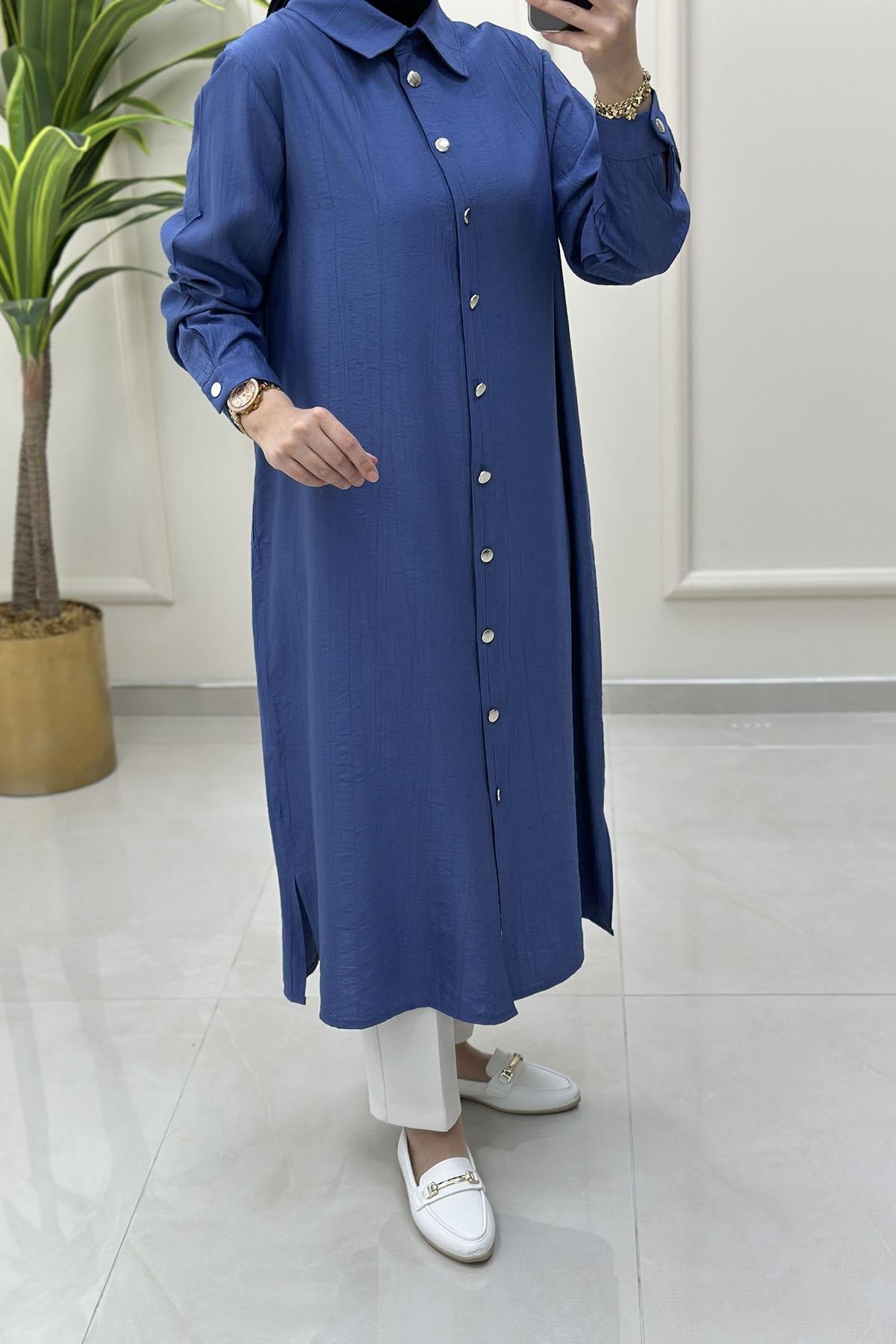 Tesettür Tunik GömlekÖnü Düğmeli Kol Manşetli Kadın Tunik İndigo KADO 251901