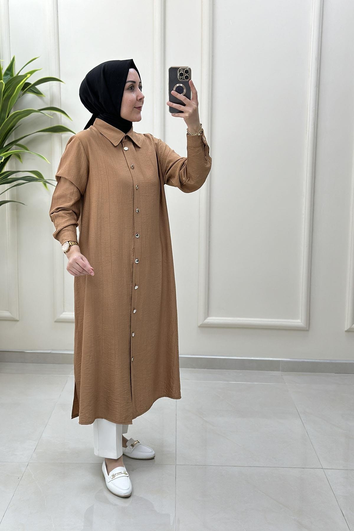 Tesettür Tunik GömlekÖnü Düğmeli Kol Manşetli Kadın Tunik Somon KADO 251901