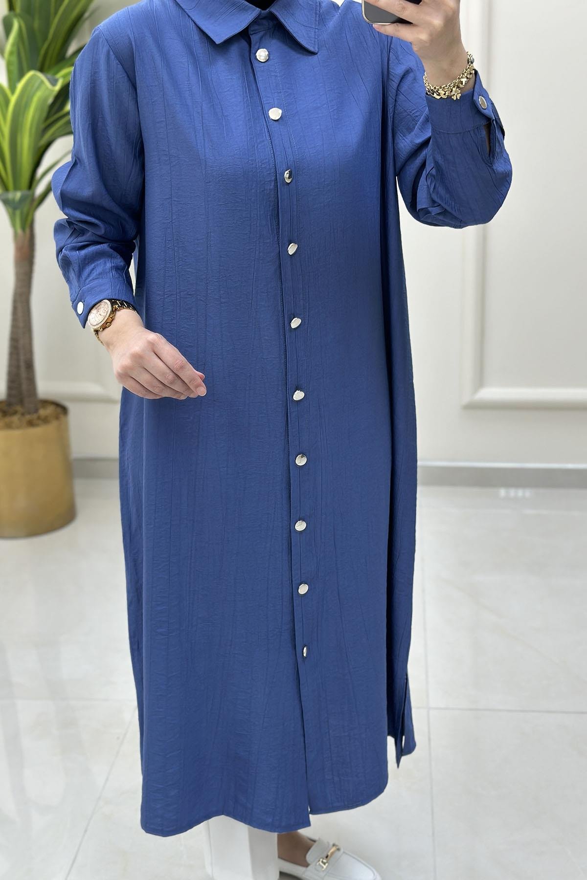 Tesettür Tunik GömlekÖnü Düğmeli Kol Manşetli Kadın Tunik İndigo KADO 251901
