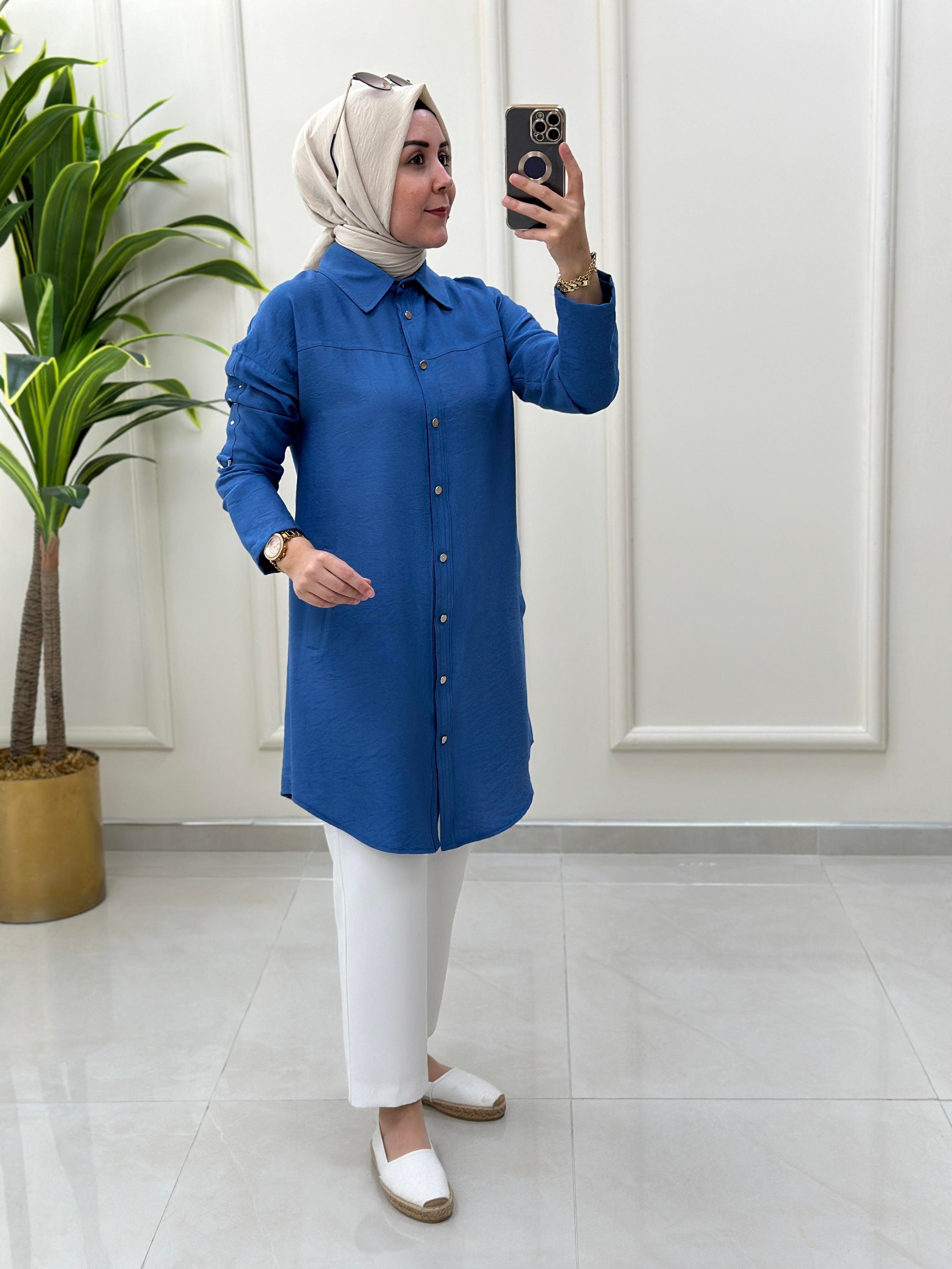 Tesettür Tunik GömlekÖnü Düğmeli Kol Zımba Detaylı Kadın Tunik Mavi ALS 5064