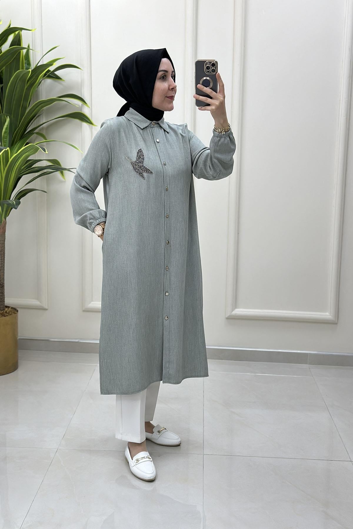 Tesettür Tunik GömlekÖnü Düğmeli Kuş Baskılı Kolu Büzgülü Kadın Tunik Mint Yeşili ELR 4015