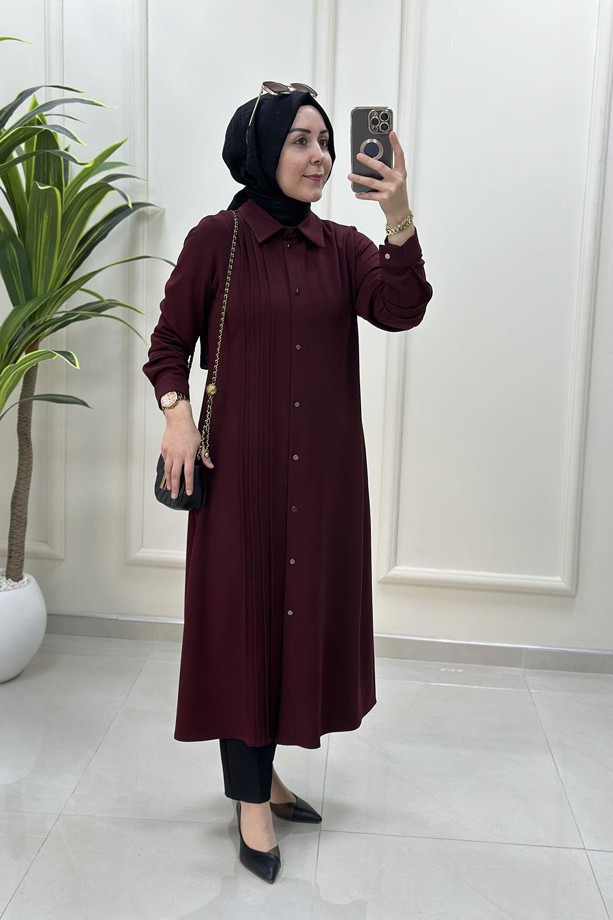 Tesettür Tunik GömlekÖnü Düğmeli Pile Detaylı Kadın Tunik Bordo CNR 2202