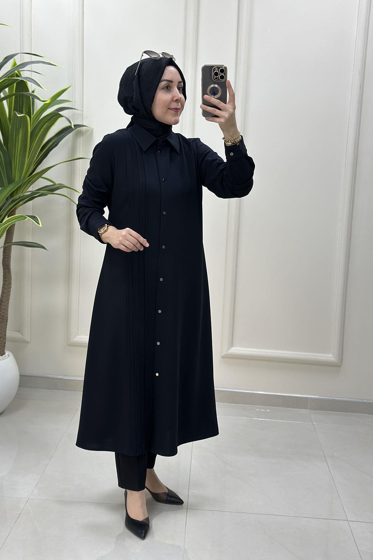 Tesettür Tunik GömlekÖnü Düğmeli Pile Detaylı Kadın Tunik Lacivert CNR 2202