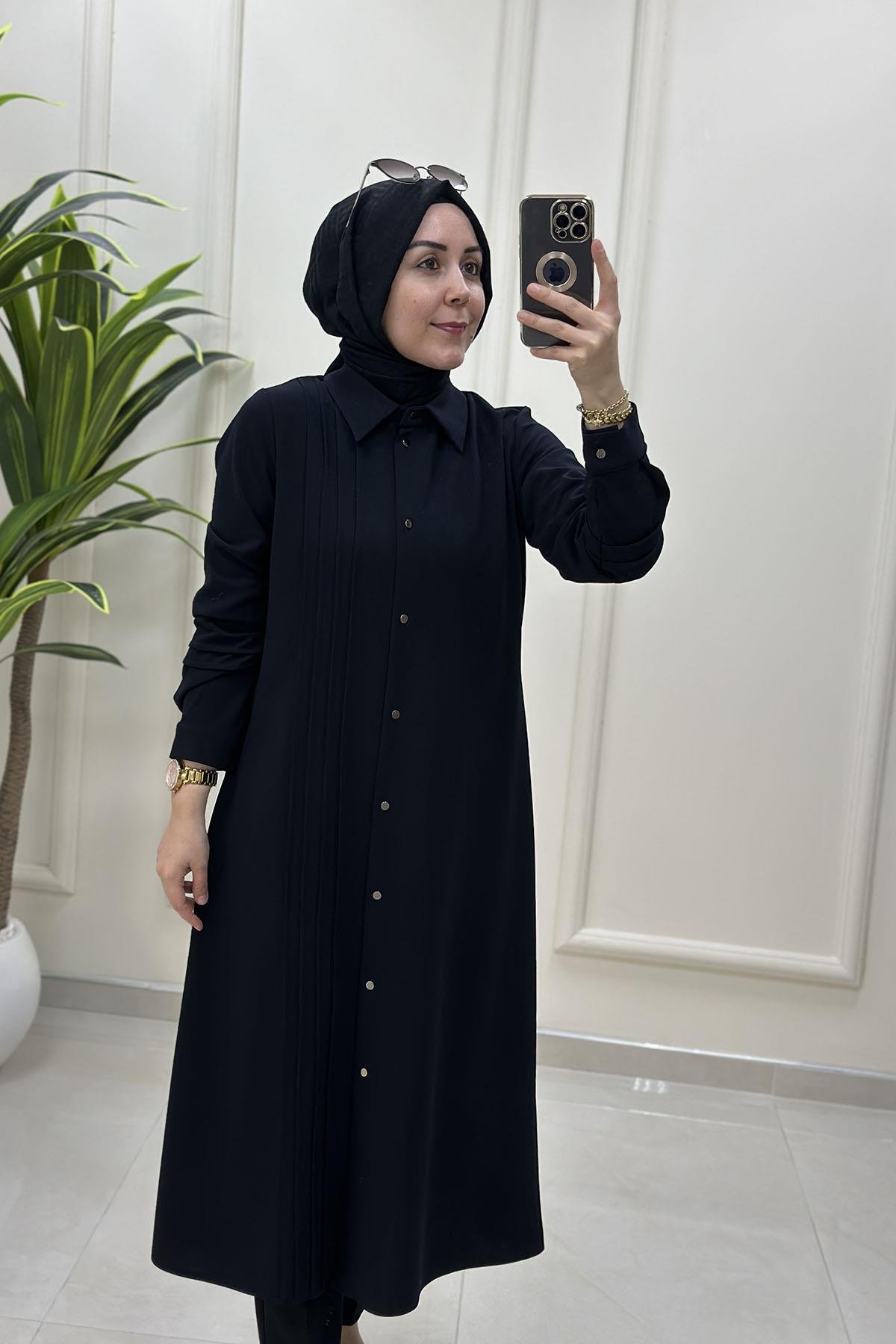 Tesettür Tunik GömlekÖnü Düğmeli Pile Detaylı Kadın Tunik Lacivert CNR 2202