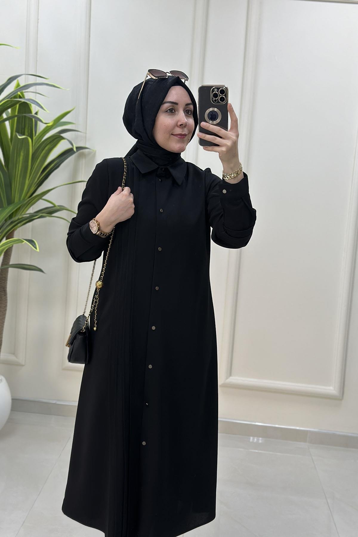 Tesettür Tunik GömlekÖnü Düğmeli Pile Detaylı Kadın Tunik Siyah CNR 2202