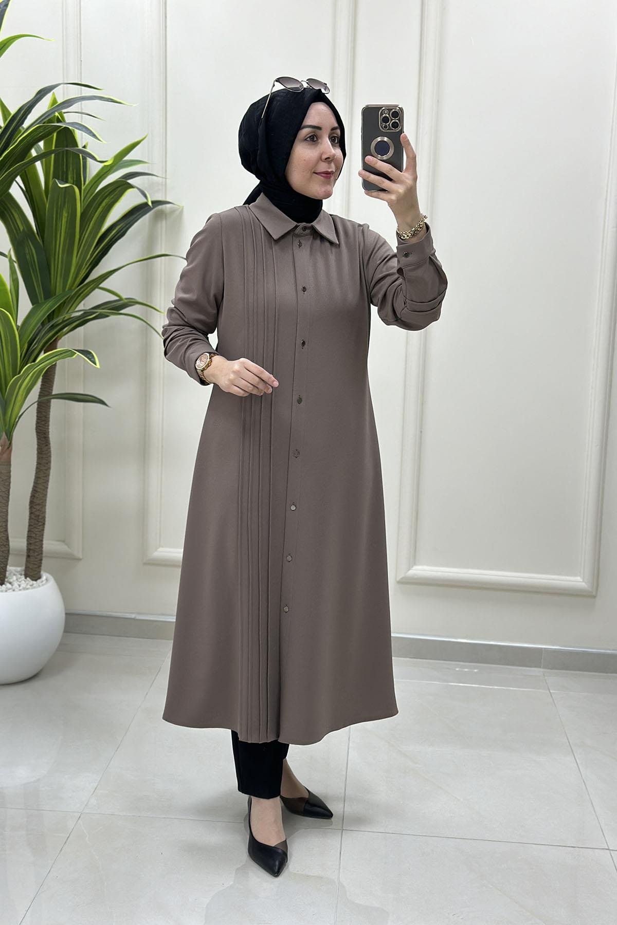 Tesettür Tunik GömlekÖnü Düğmeli Pile Detaylı Kadın Tunik Vizon CNR 2202