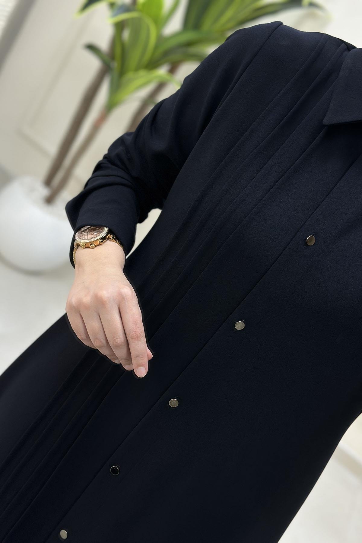 Tesettür Tunik GömlekÖnü Düğmeli Pile Detaylı Kadın Tunik Lacivert CNR 2202