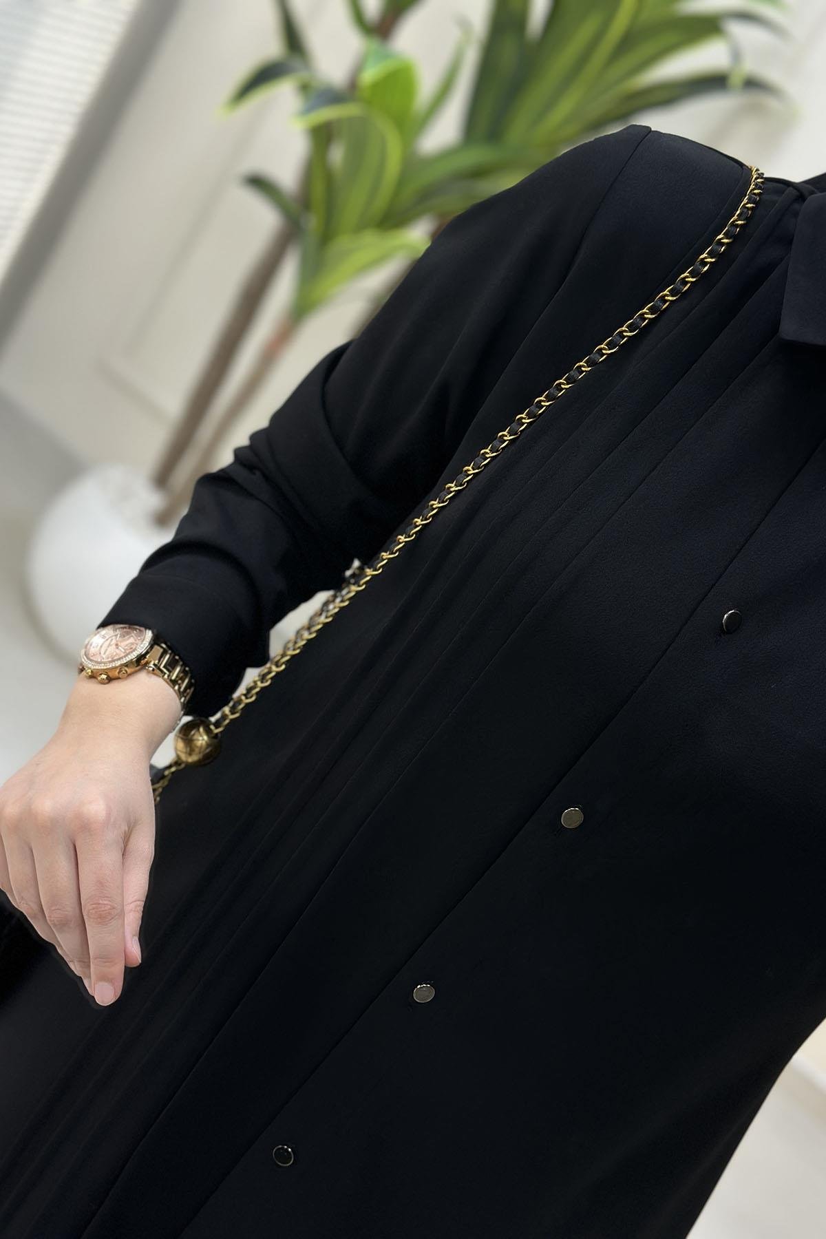 Tesettür Tunik GömlekÖnü Düğmeli Pile Detaylı Kadın Tunik Siyah CNR 2202