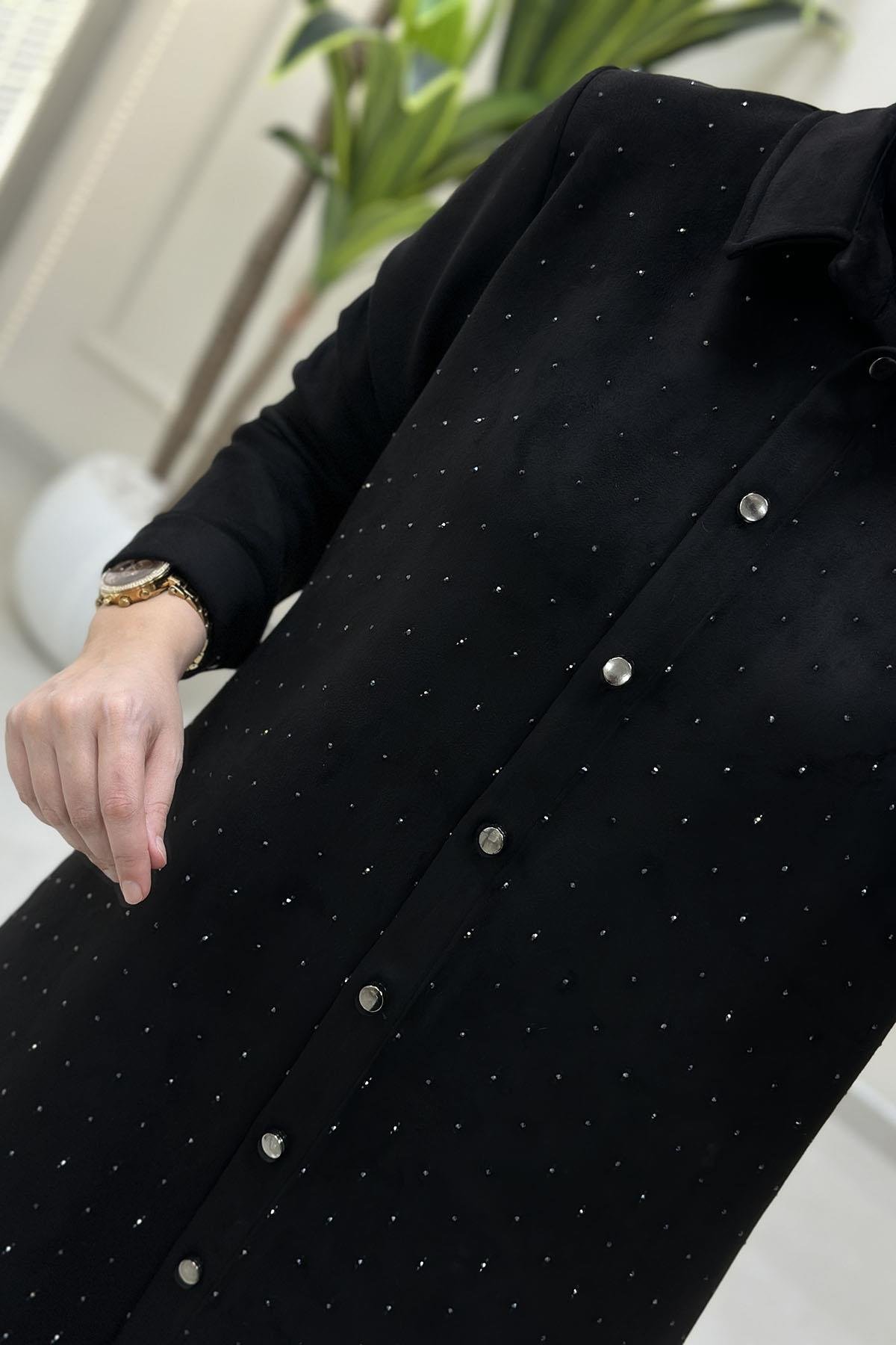 Tesettür Tunik GömlekÖnü Düğmeli Serpme Taş Detaylı Kadın Süet Tunik Siyah BRL 7215