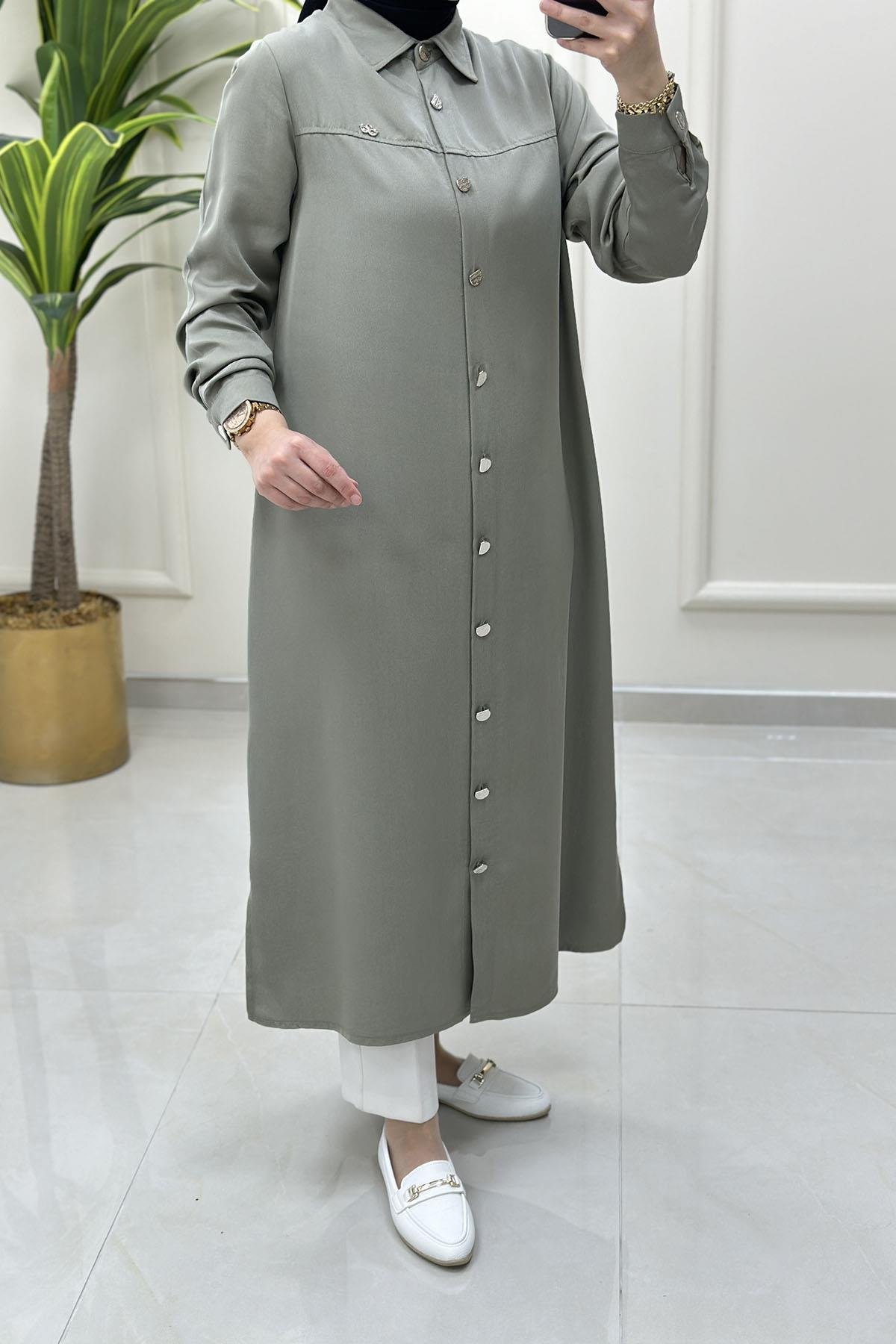 Tesettür Tunik GömlekÖnü Düğmeli Yaka Aksesuar Detaylı Uzun Kadın Tunik Mint Yeşili KADO 251865