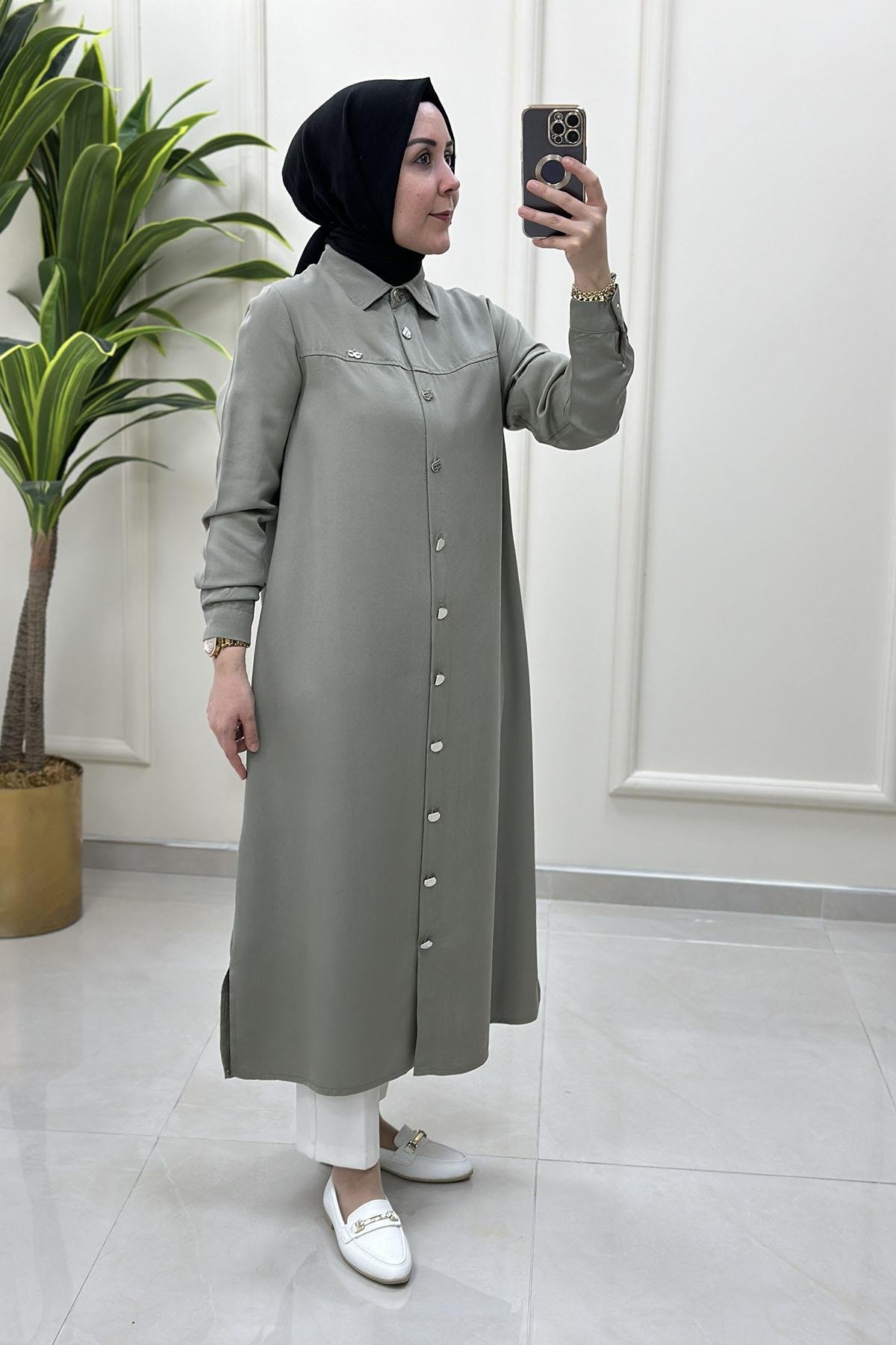 Tesettür Tunik GömlekÖnü Düğmeli Yaka Aksesuar Detaylı Uzun Kadın Tunik Mint Yeşili KADO 251865