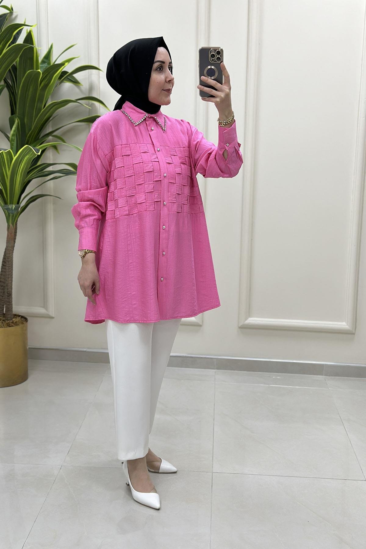 Tesettür Tunik GömlekÖnü Düğmeli Yaka Taş Detaylı Kadın Tunik Pembe MSE 3237