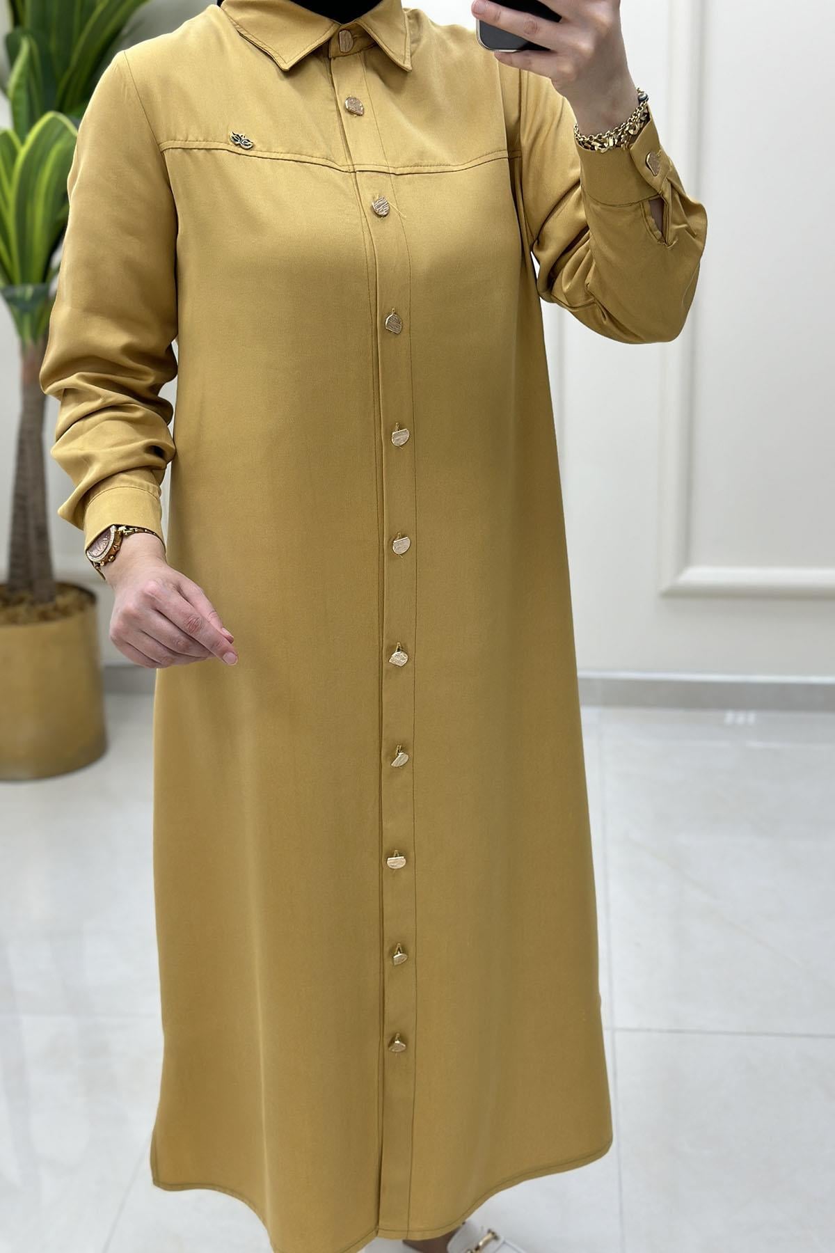 Tesettür Tunik GömlekÖnü Düğmeli Yaka Aksesuar Detaylı Uzun Kadın Tunik Hardal Sarısı KADO 251865