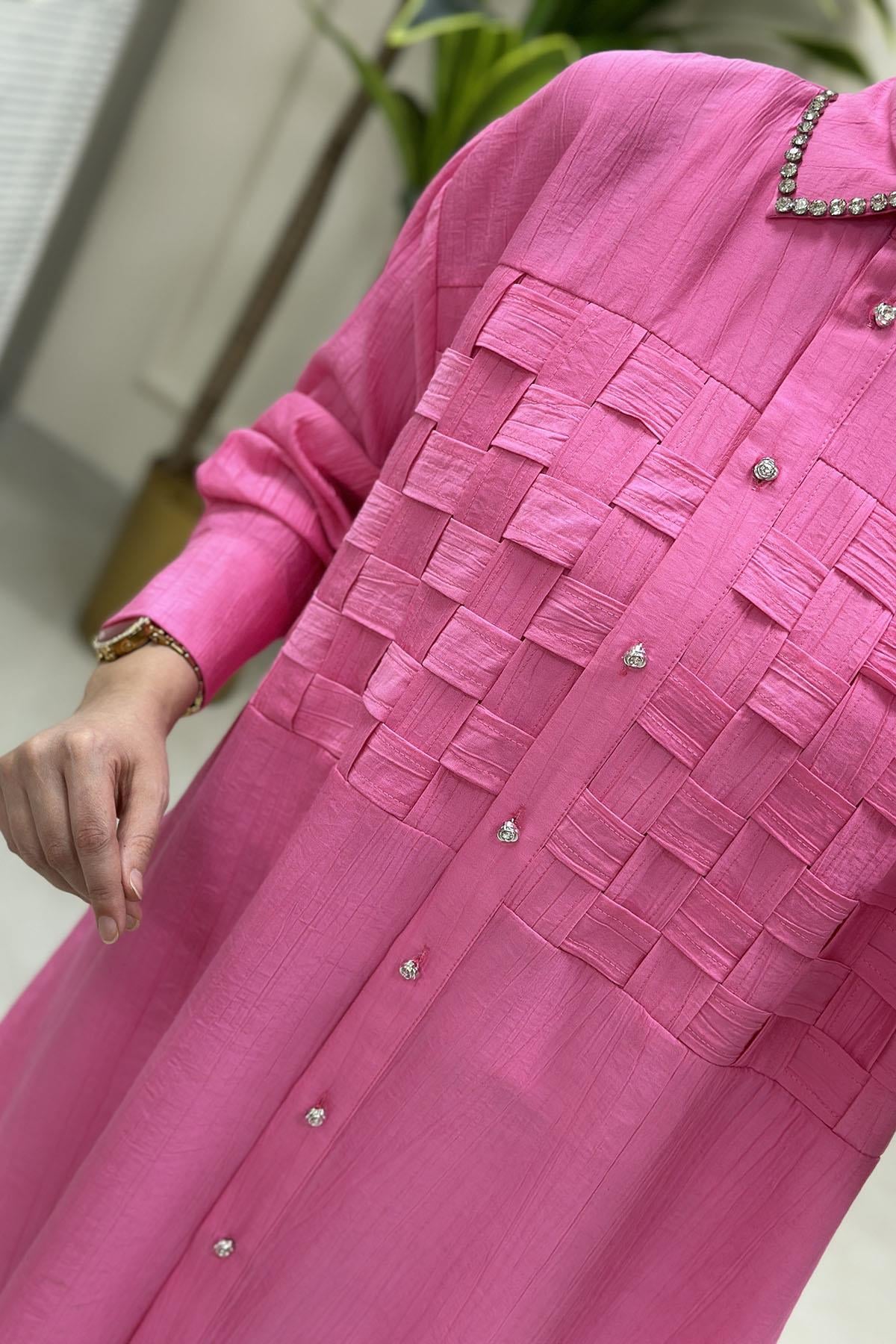 Tesettür Tunik GömlekÖnü Düğmeli Yaka Taş Detaylı Kadın Tunik Pembe MSE 3237