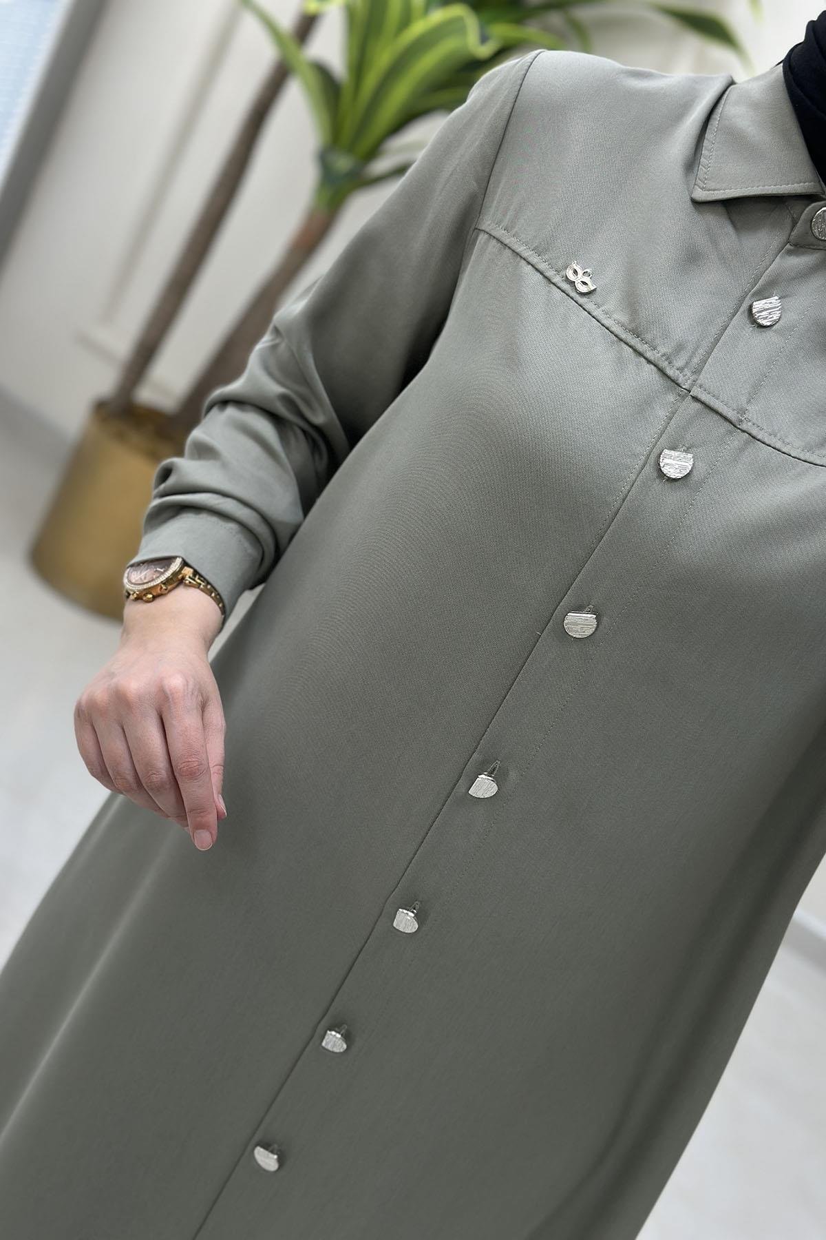 Tesettür Tunik GömlekÖnü Düğmeli Yaka Aksesuar Detaylı Uzun Kadın Tunik Mint Yeşili KADO 251865