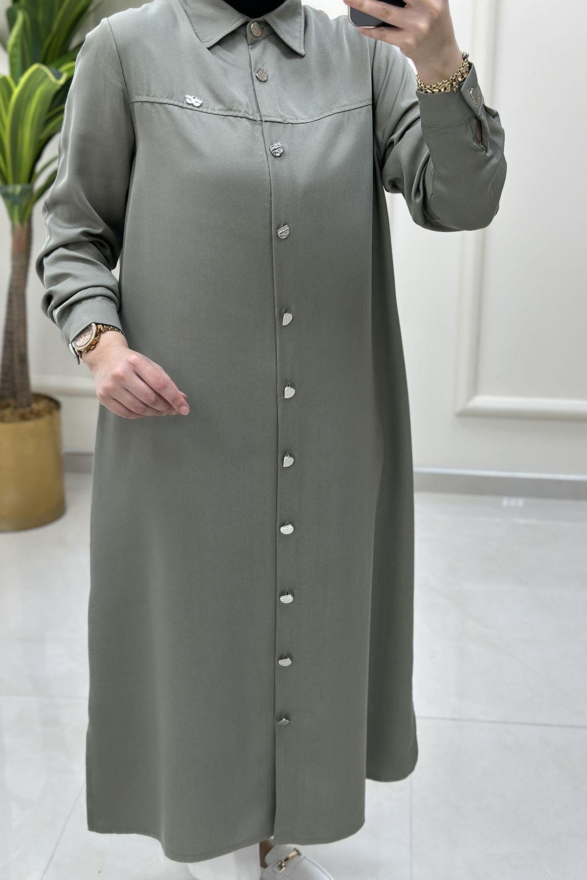 Tesettür Tunik GömlekÖnü Düğmeli Yaka Aksesuar Detaylı Uzun Kadın Tunik Mint Yeşili KADO 251865