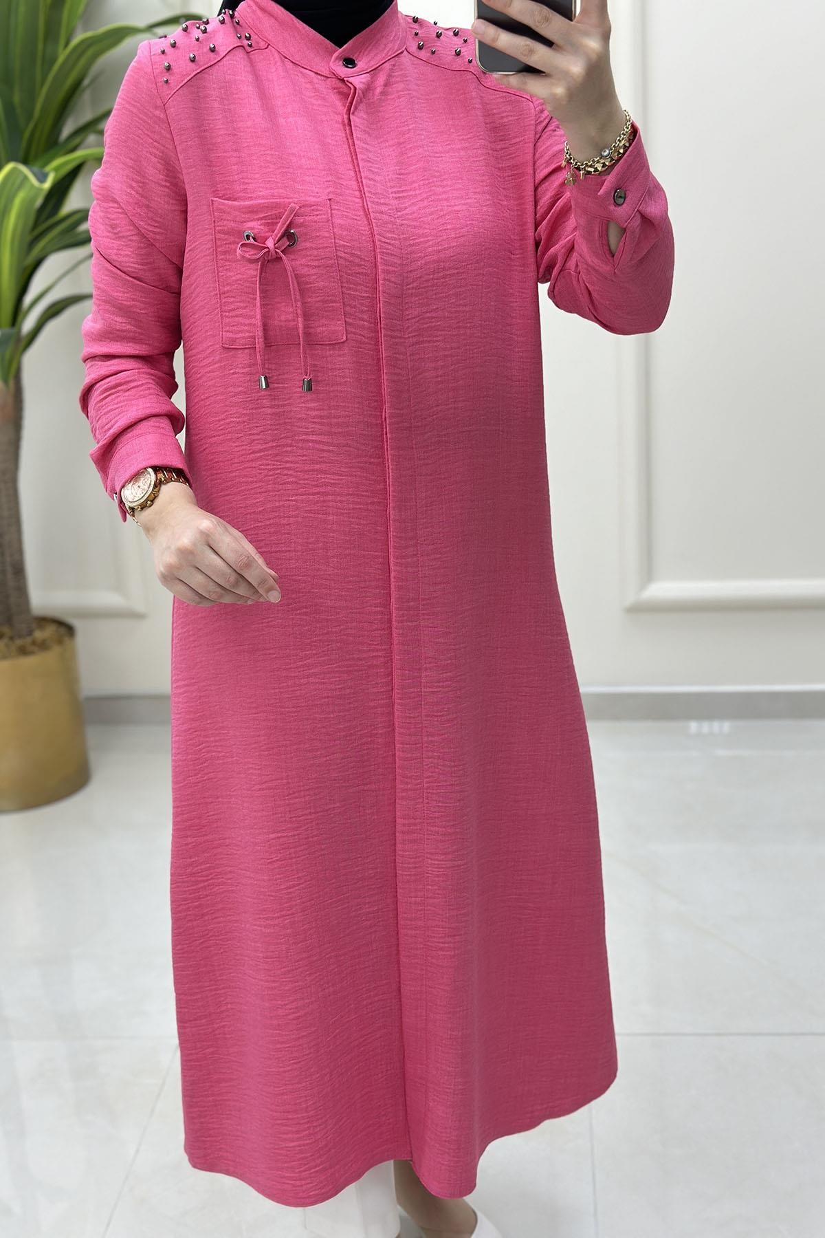 Tesettür Tunik GömlekÖnü Gizli Düğme Omuz İnci Çakmalı Kadın Tunik Pembe SFF 4176