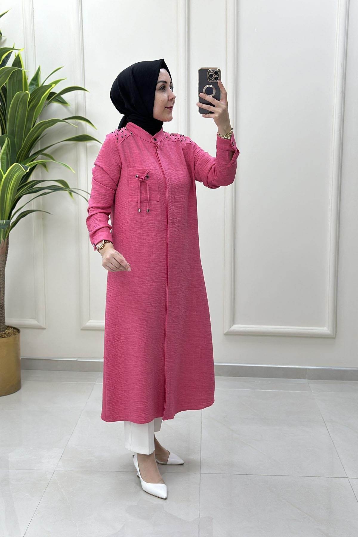 Tesettür Tunik GömlekÖnü Gizli Düğme Omuz İnci Çakmalı Kadın Tunik Pembe SFF 4176