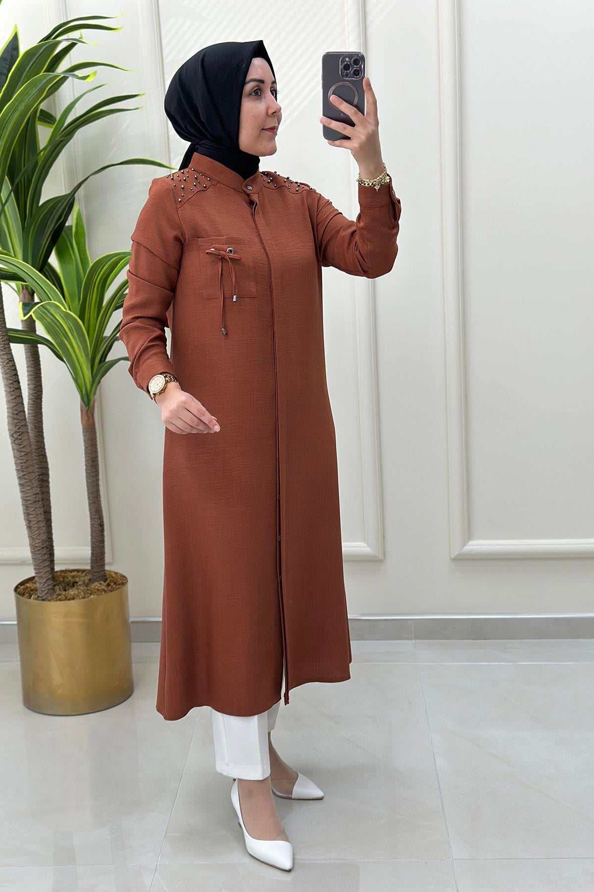 Tesettür Tunik GömlekÖnü Gizli Düğme Omuz İnci Çakmalı Kadın Tunik Taba SFF 4176