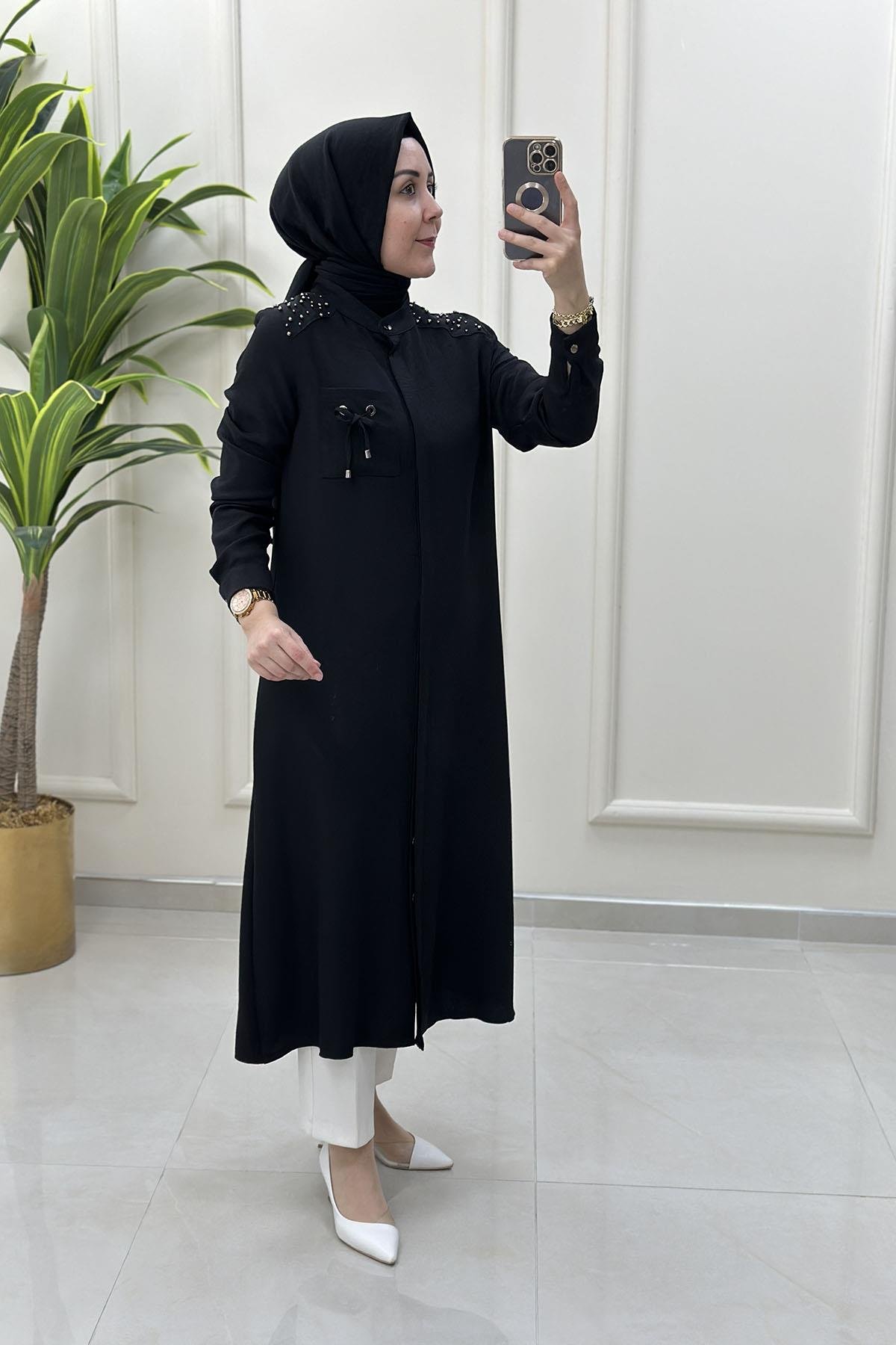 Tesettür Tunik GömlekÖnü Gizli Düğme Omuz İnci Çakmalı Kadın Tunik Siyah SFF 4176