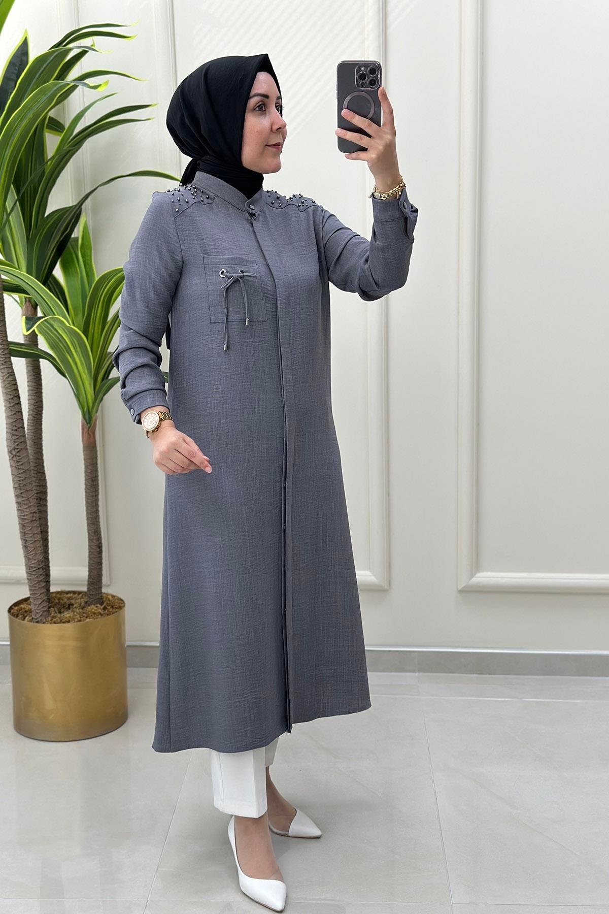 Tesettür Tunik GömlekÖnü Gizli Düğme Omuz İnci Çakmalı Kadın Tunik Gri SFF 4176