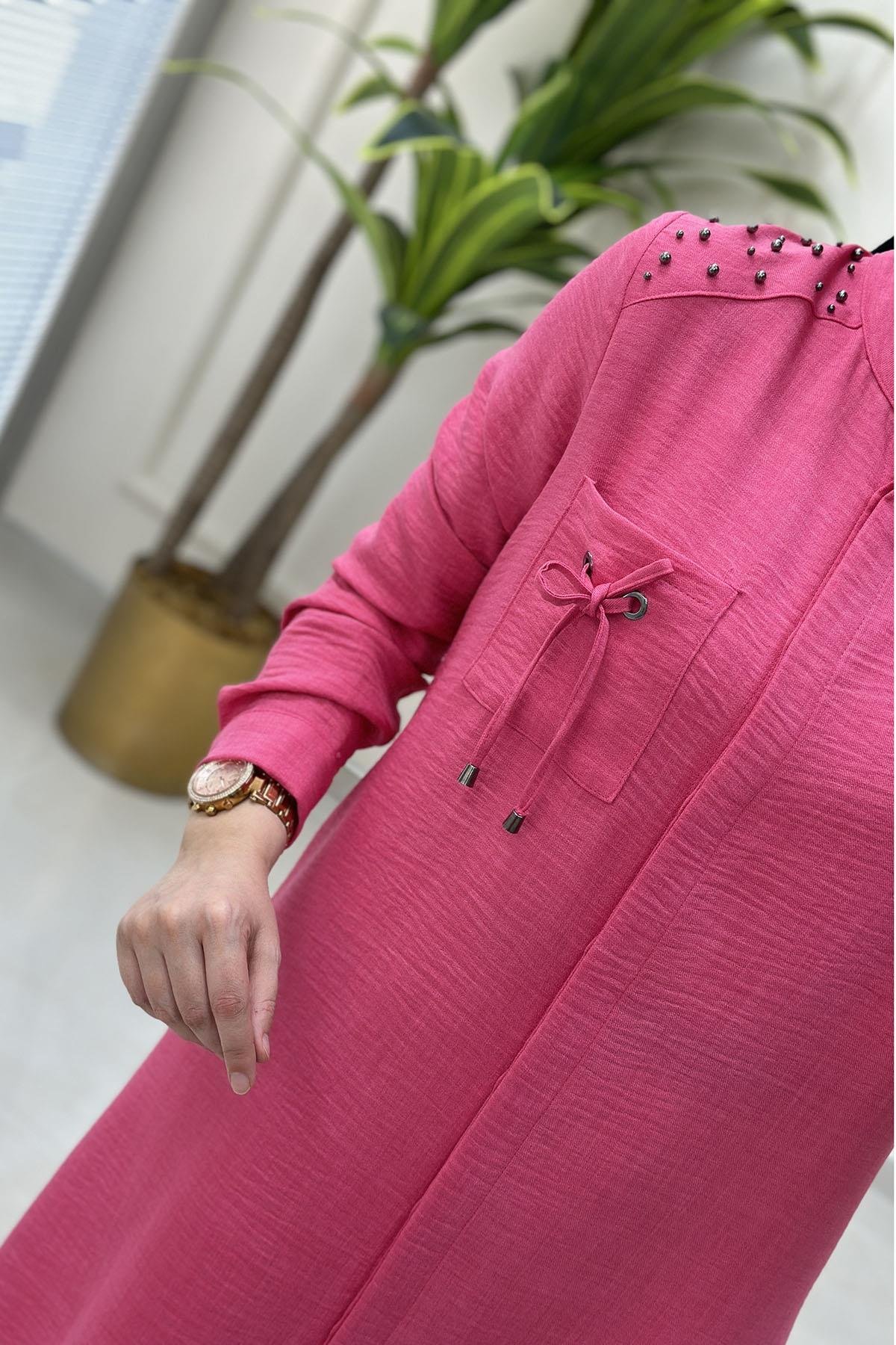 Tesettür Tunik GömlekÖnü Gizli Düğme Omuz İnci Çakmalı Kadın Tunik Pembe SFF 4176
