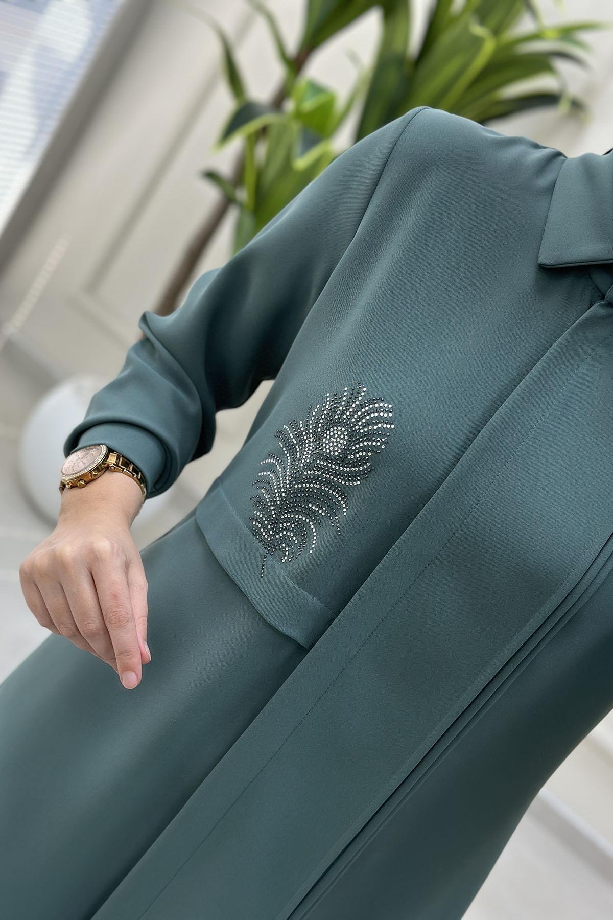 Tesettür Tunik GömlekÖnü Gizli Düğme Taş Detaylı Kadın Krep Tunik Mint Yeşili HYA 1592