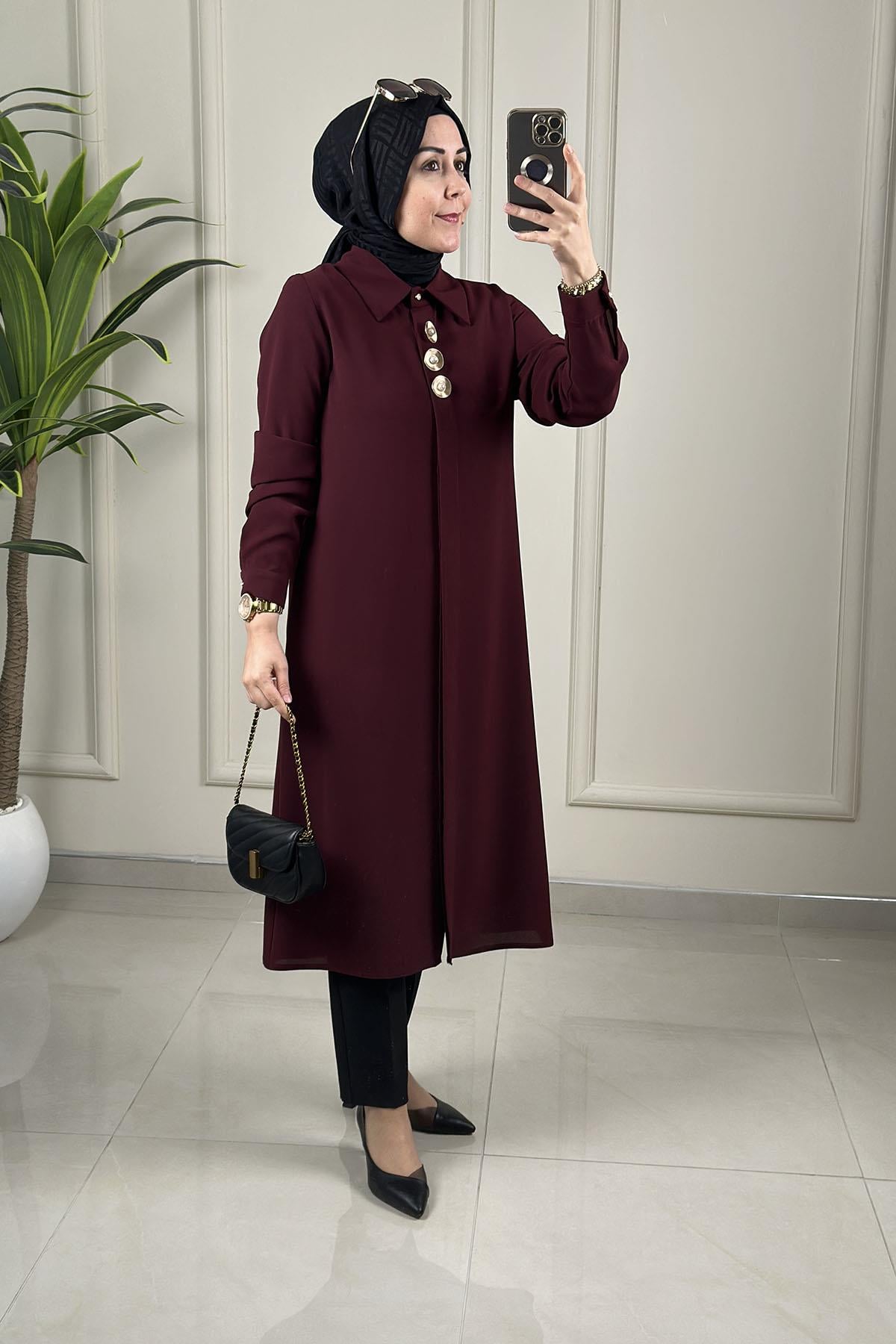 Tesettür Tunik GömlekÖnü Gizli Düğmeli Aksesuar Detaylı Kadın Tunik Bordo MLH 2612