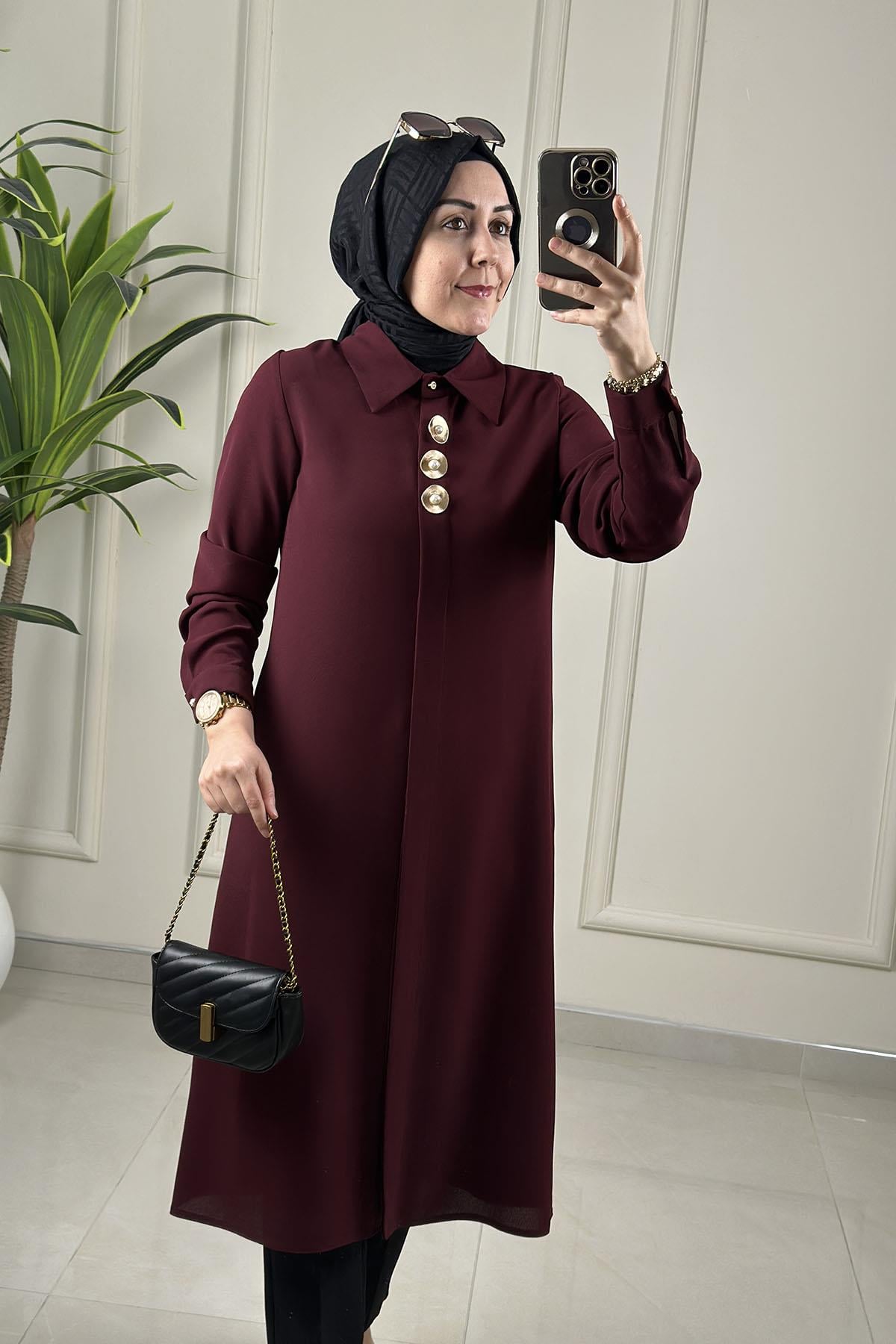 Tesettür Tunik GömlekÖnü Gizli Düğmeli Aksesuar Detaylı Kadın Tunik Bordo MLH 2612