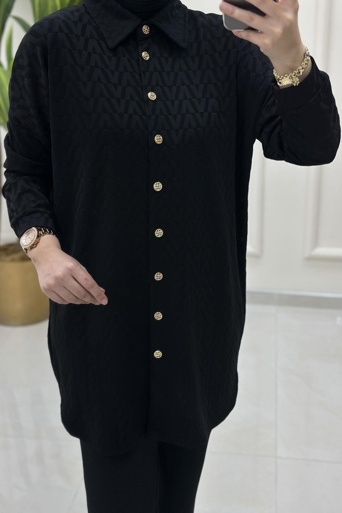 Tesettür Tunik GömlekÖnü Gold Düğmeli Düşük Omuz Kadın Tunik Siyah KADO 257612