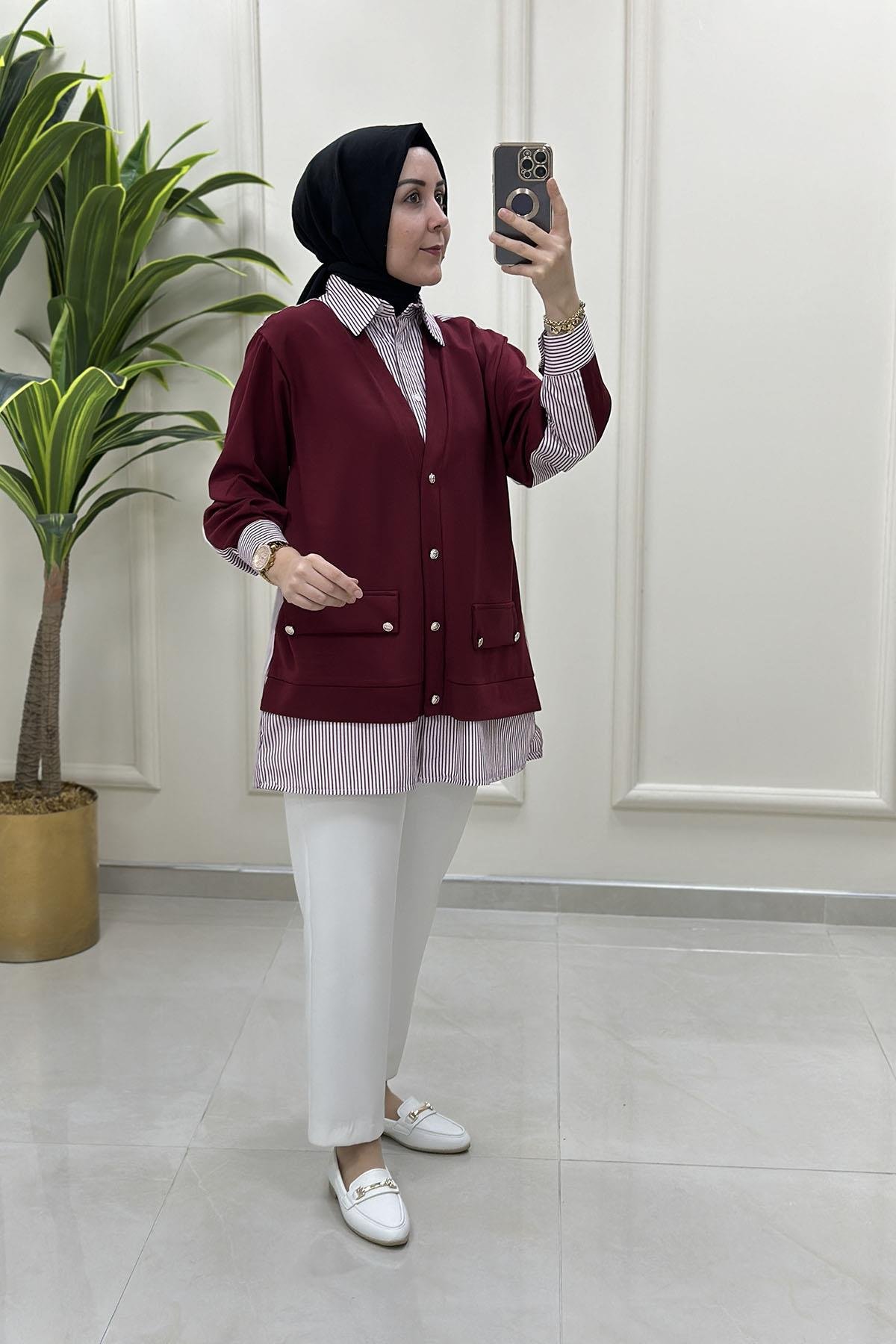Tesettür Tunik GömlekÖnü Hırka Görünümlü Gömlek Kombinli Kadın Tunik Bordo MSE 3248